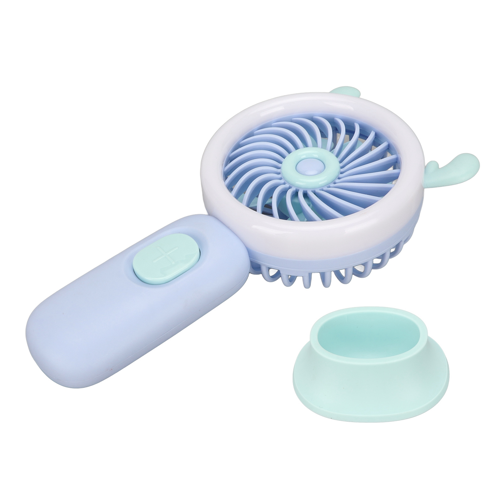 Ein kleiner violetter Handventilator mit blauem Rotor und einem Ständer.