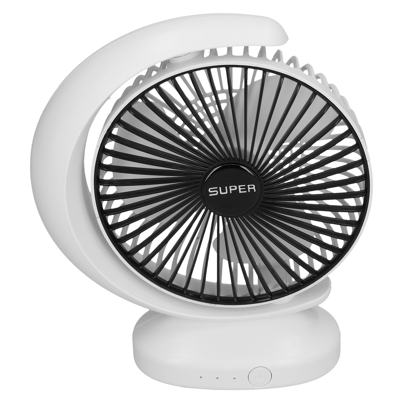 Ein weißer Ventilator mit schwarzem Gitter und dem Wort SUPER.