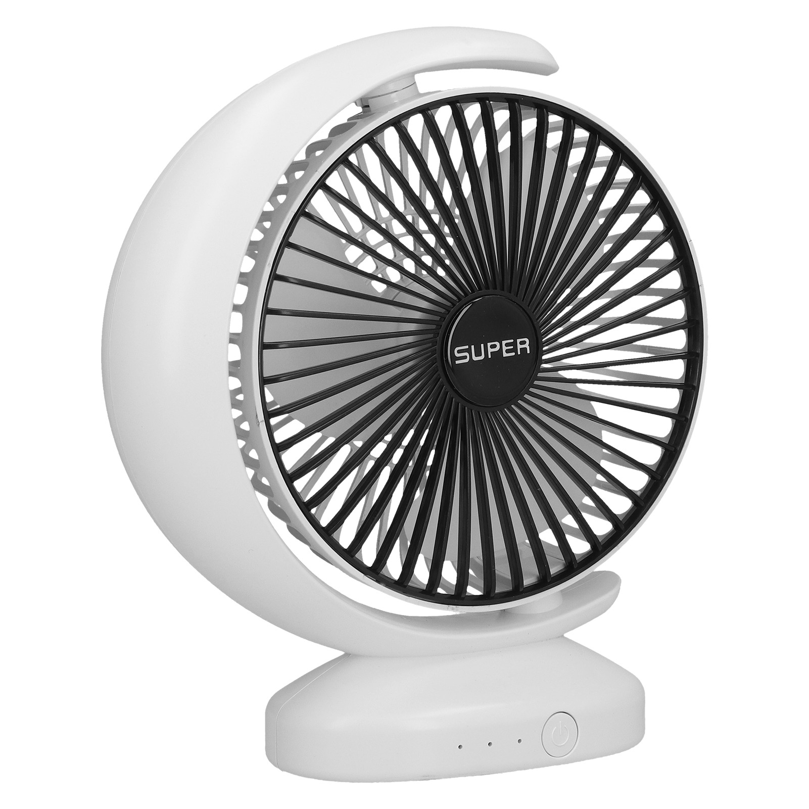 Ein weißer Tischventilator mit schwarzem Rotor und silbernem 