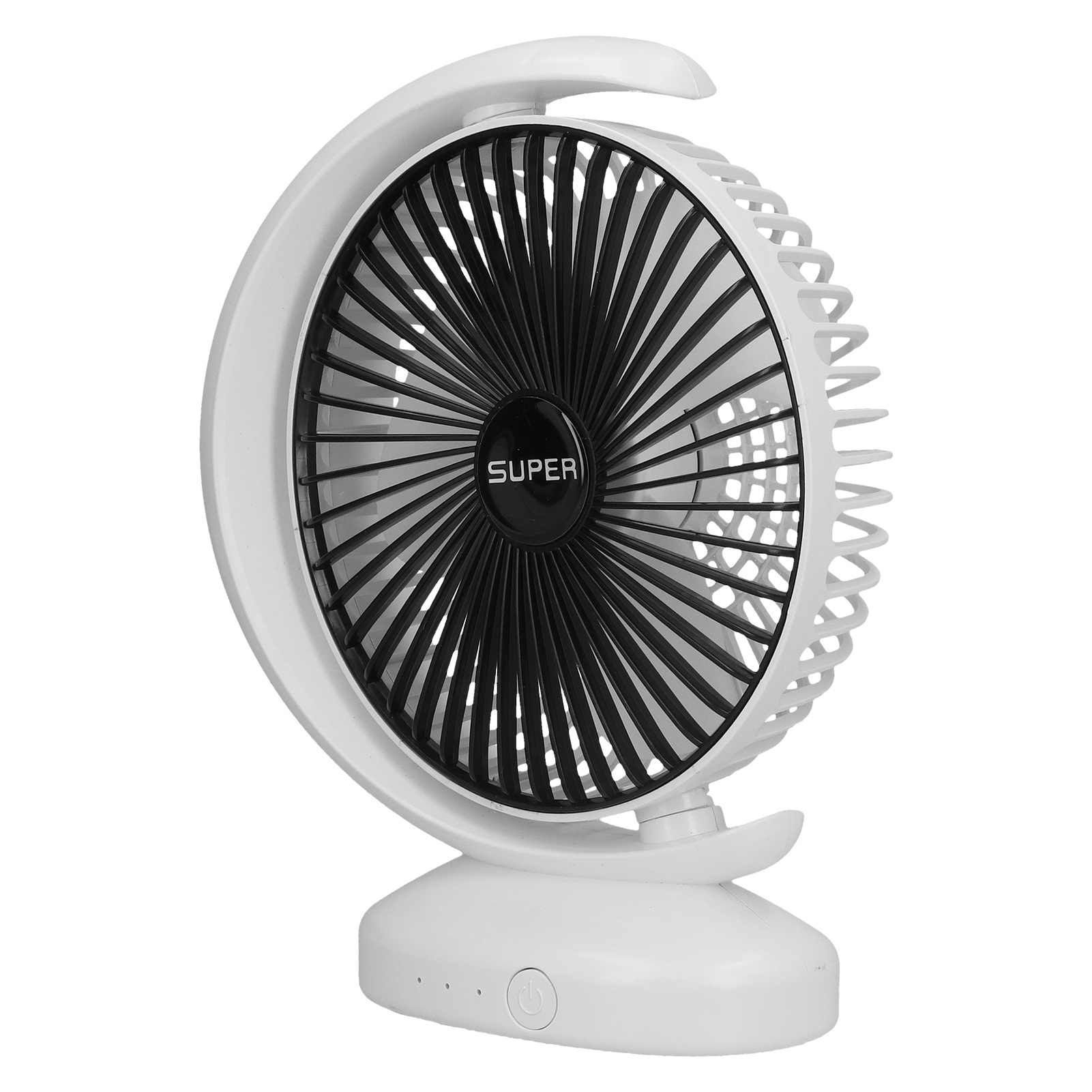 Ein weißer Tischventilator mit schwarzem Rotor und dem Logo SUPER.
