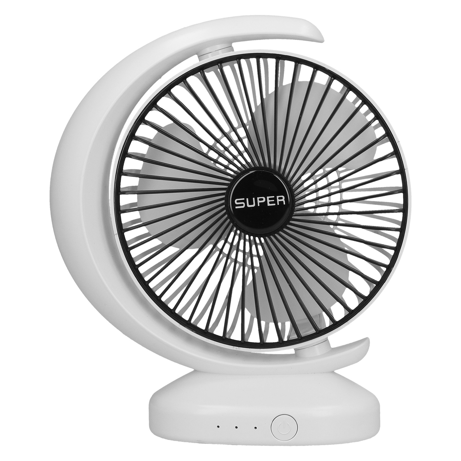 Ein weißer Ventilator mit schwarzem Gitter und dem Wort SUPER.