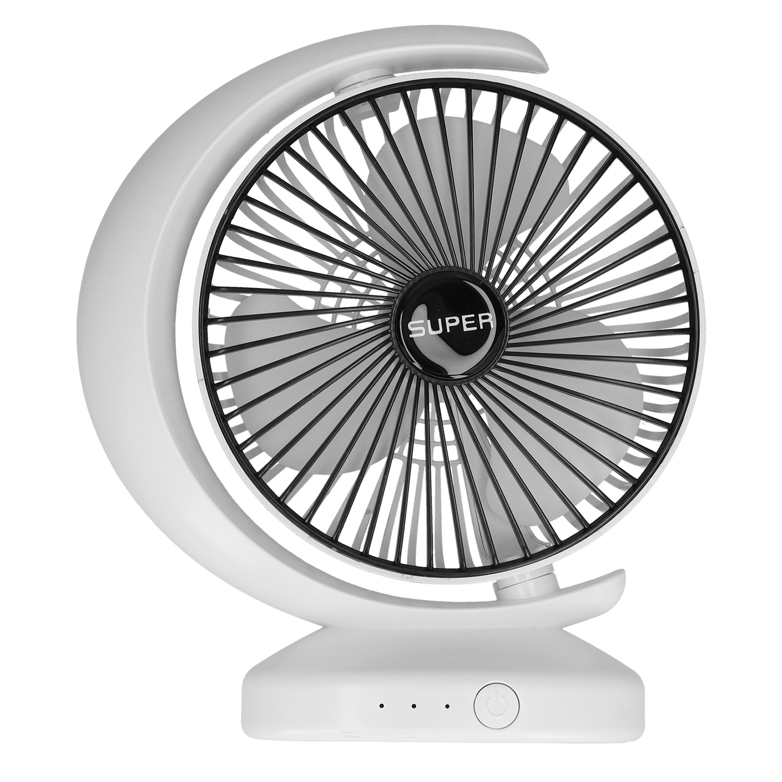 Ein weißer Tischventilator mit schwarzem Gitter und "SUPER"-Logo.