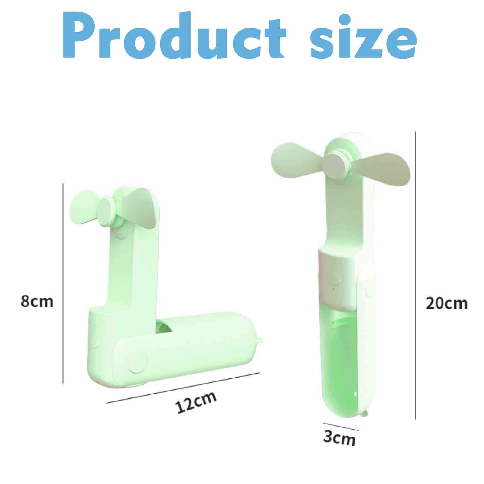 Zwei hellgrüne Mini-Ventilatoren mit Abmessungen 8x12cm und 20x3cm.