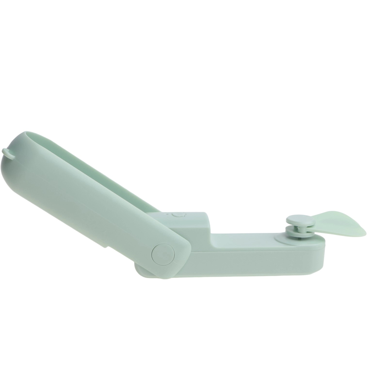 Ein hellgrüner, tragbarer Mini-Ventilator mit flexiblen Flügeln.