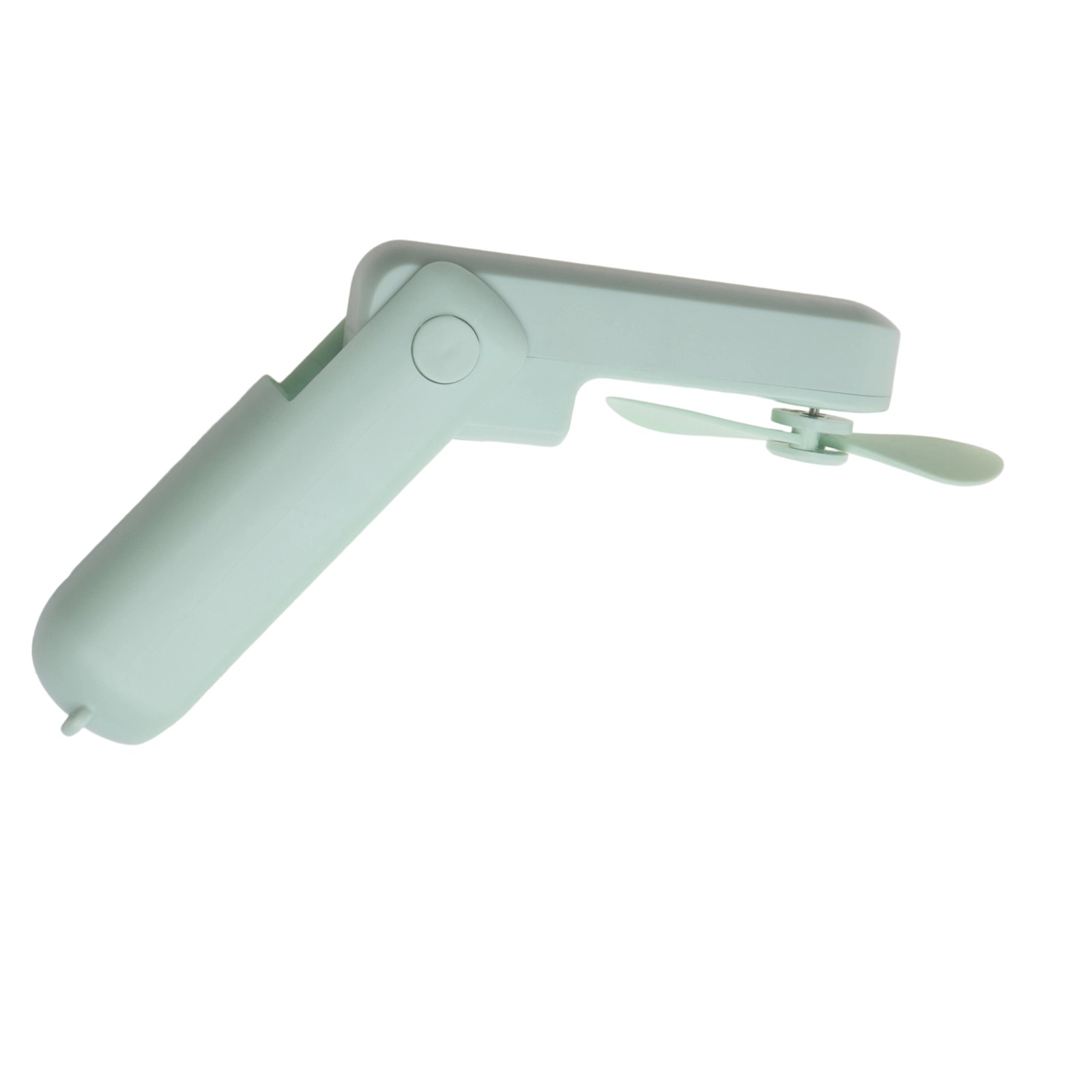 Ein hellgrüner, faltbarer Mini-Ventilator mit Propeller, auf weißem Hintergrund.