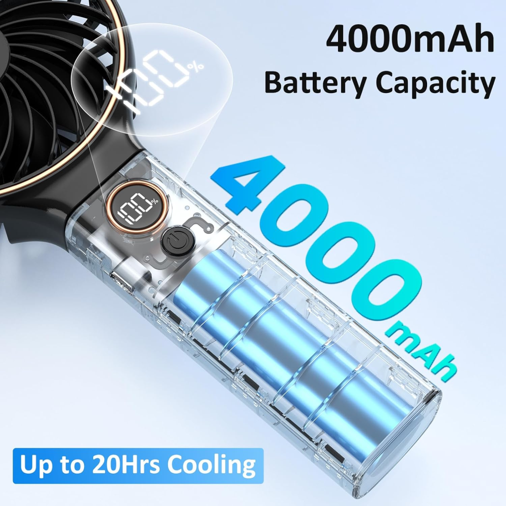 Tragbarer Lüfter mit 4000mAh Akku, bis zu 20Std Kühlung, Ladeanzeige 100%.