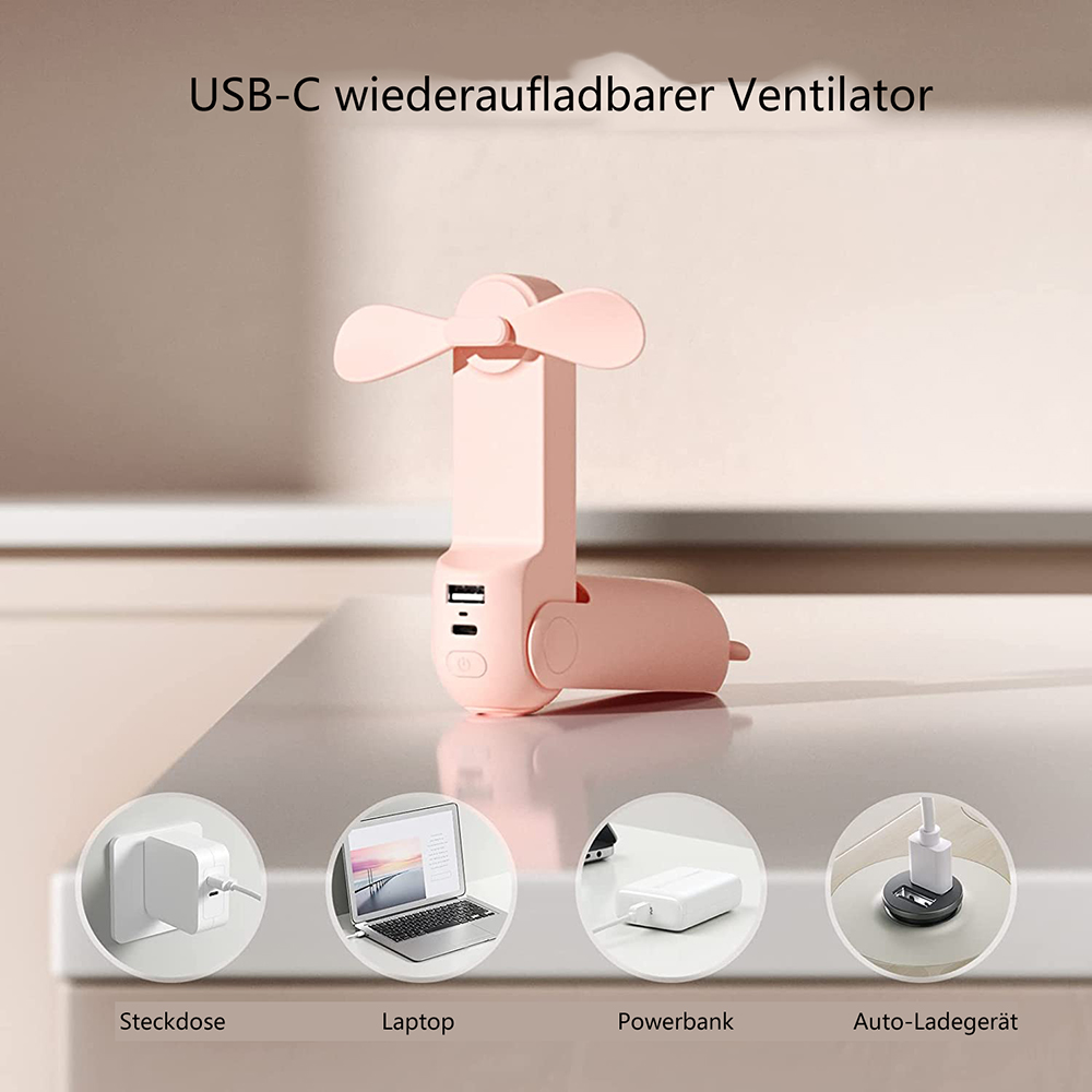 Ein pinker USB-C Ventilator mit verschiedenen Lademethoden.