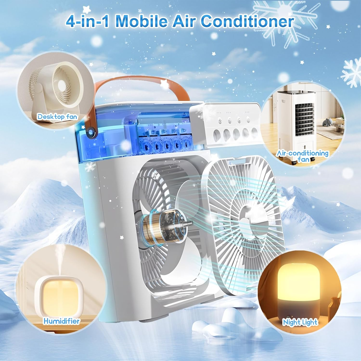 4-in-1 mobile Klimaanlage mit Tischventilator, Luftbefeuchter und Nachtlicht.