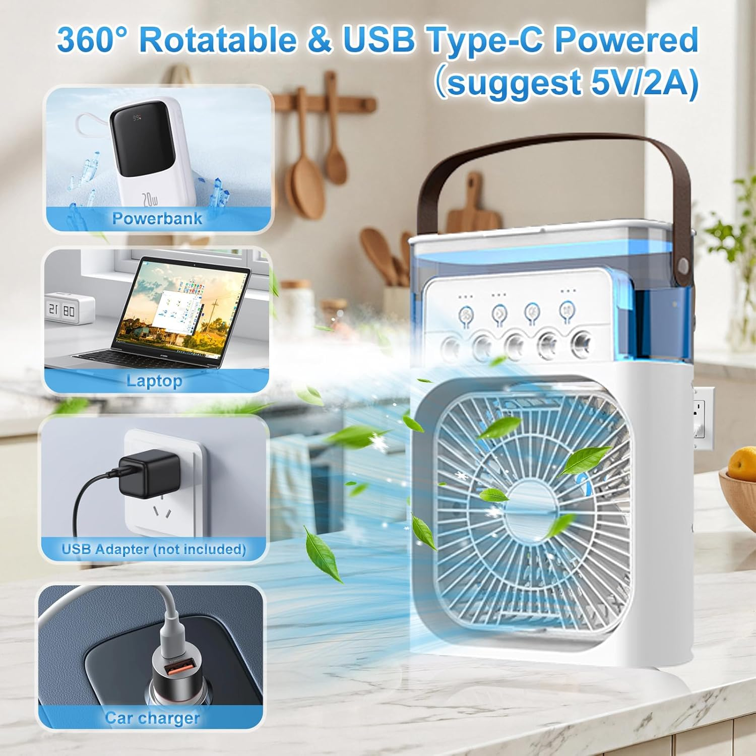 Ein tragbarer Lüfter mit Zubehör: Powerbank, Laptop, USB-Adapter und Autoladegerät.