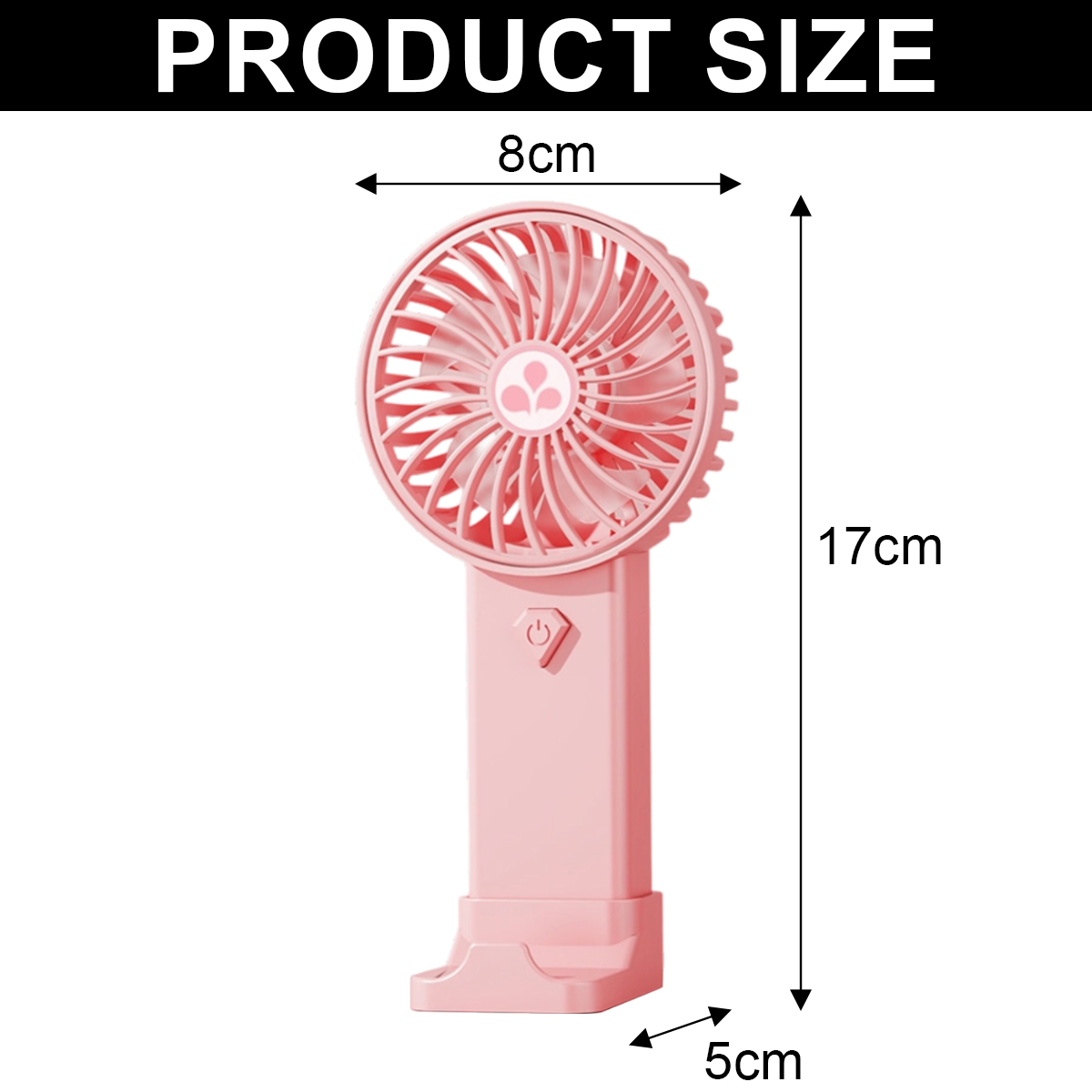 Ein rosa Handventilator mit Maßen von 8 cm Breite, 17 cm Höhe und 5 cm Tiefe.