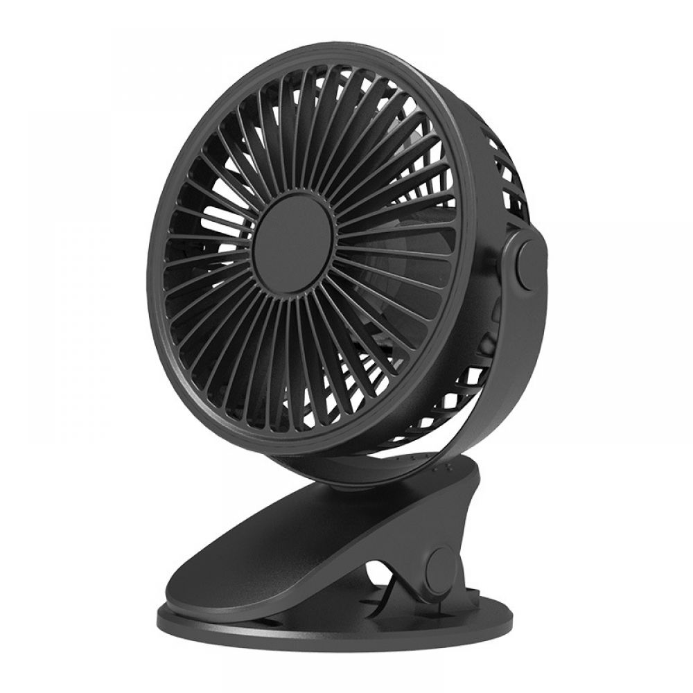 Ein kleiner schwarzer Ventilator mit Clip-Befestigung, isoliert auf weißem Hintergrund.