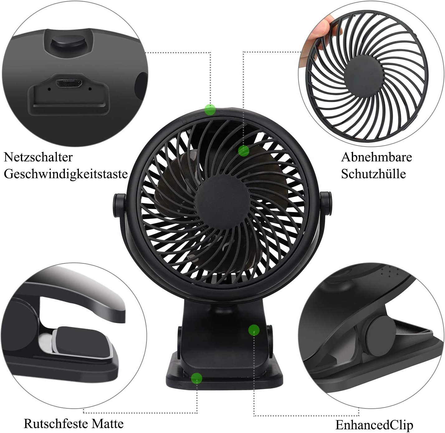 Ein schwarzer Klemmventilator mit Nahaufnahmen von Bedienelementen und Zubehör.