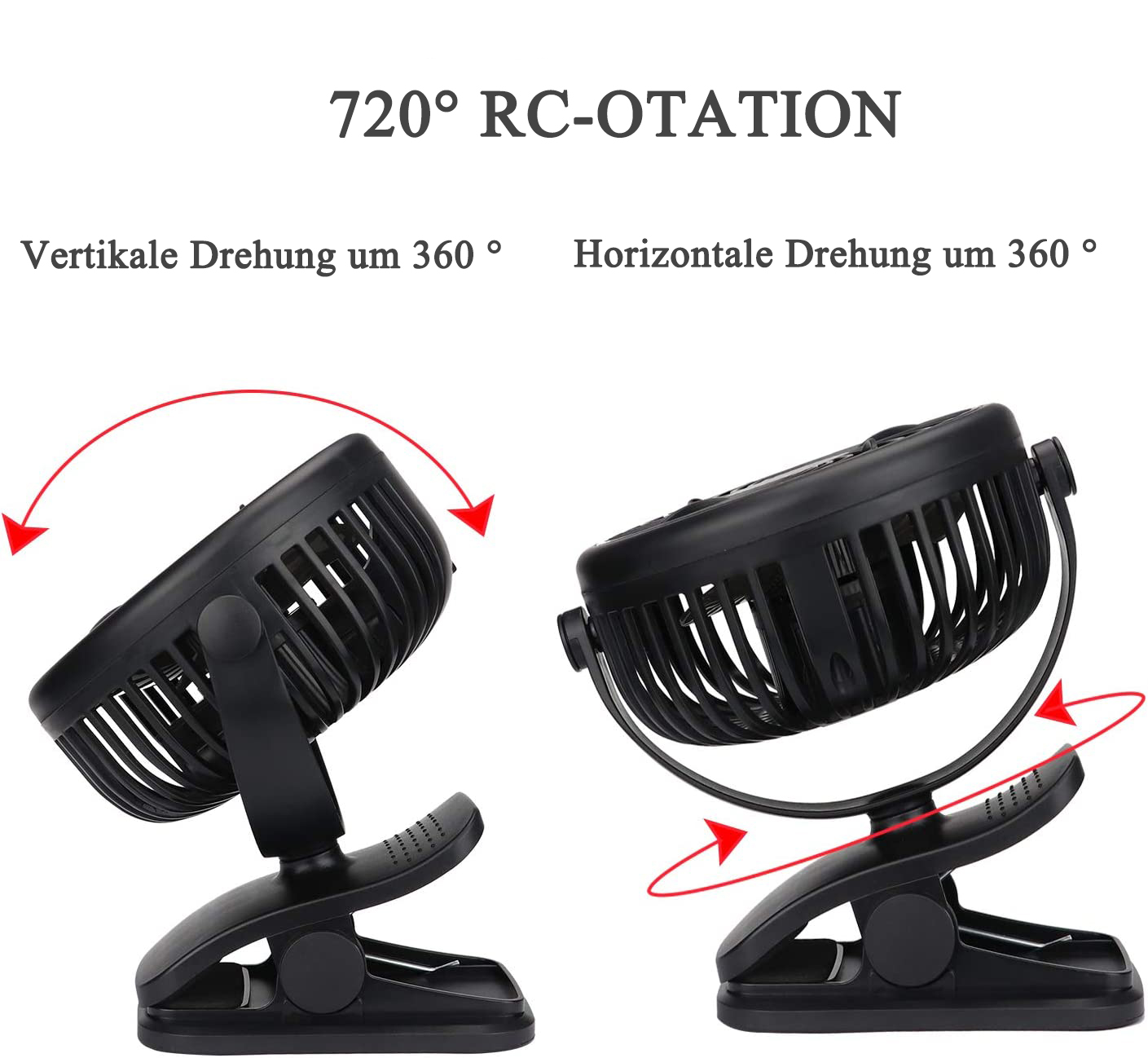Zwei schwarze Clip-Ventilatoren, die vertikale und horizontale 360°-Drehung zeigen.