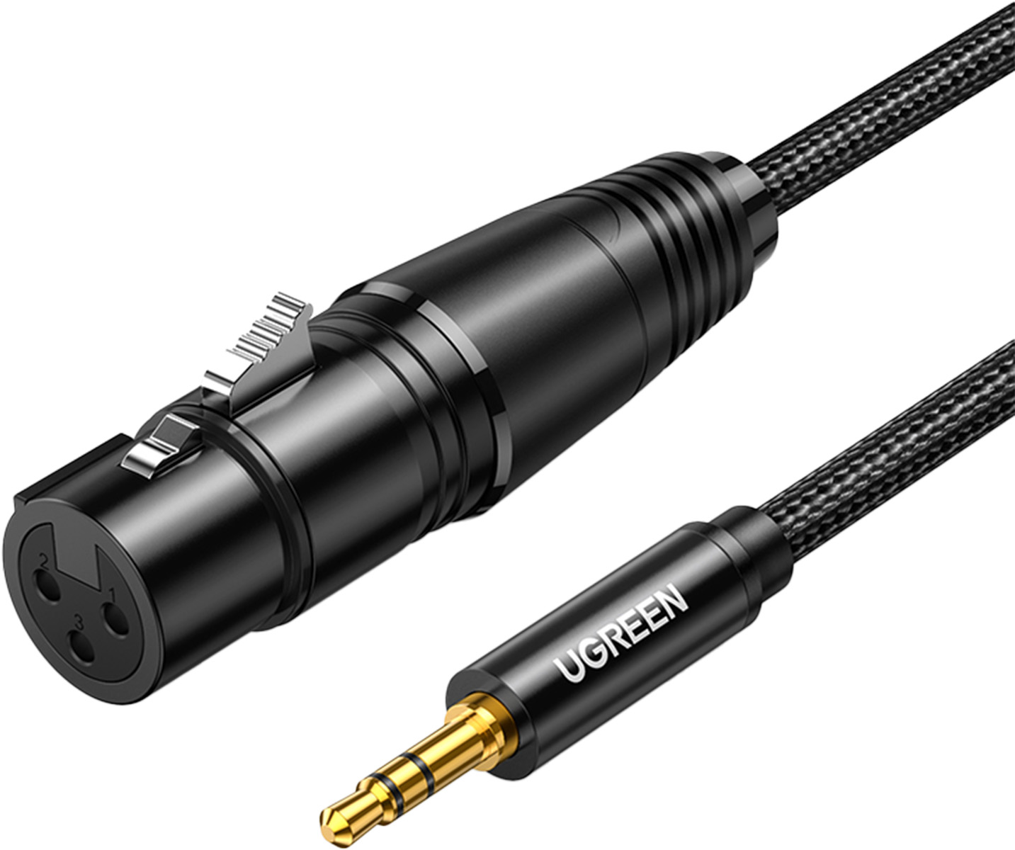 Czarny kabel audio ze złączem XLR i wtyczką 3,5 mm.