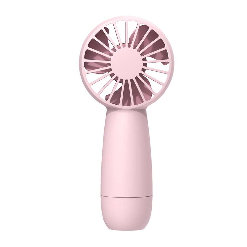 Ein kleiner, rosa Handventilator mit runden Lüfterblättern.
