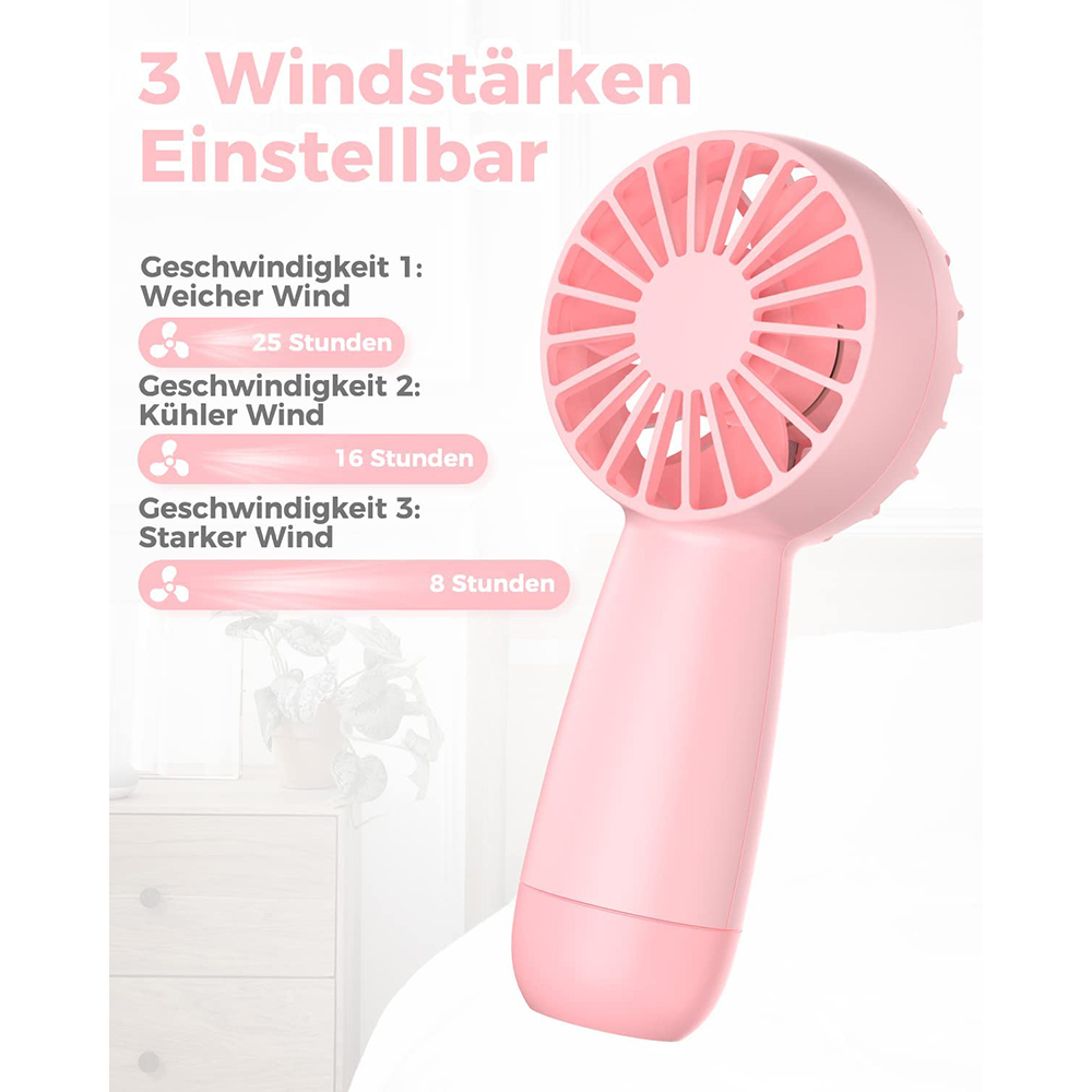 Ein rosafarbener Handventilator mit drei einstellbaren Windstärken und Laufzeiten.