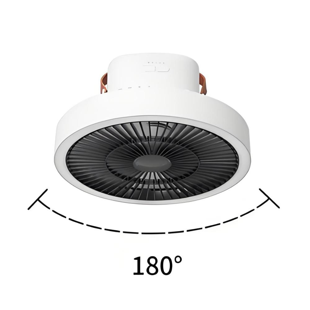 Ein runder weißer Ventilator mit dunklen Lamellen, der eine 180-Grad-Drehung anzeigt.