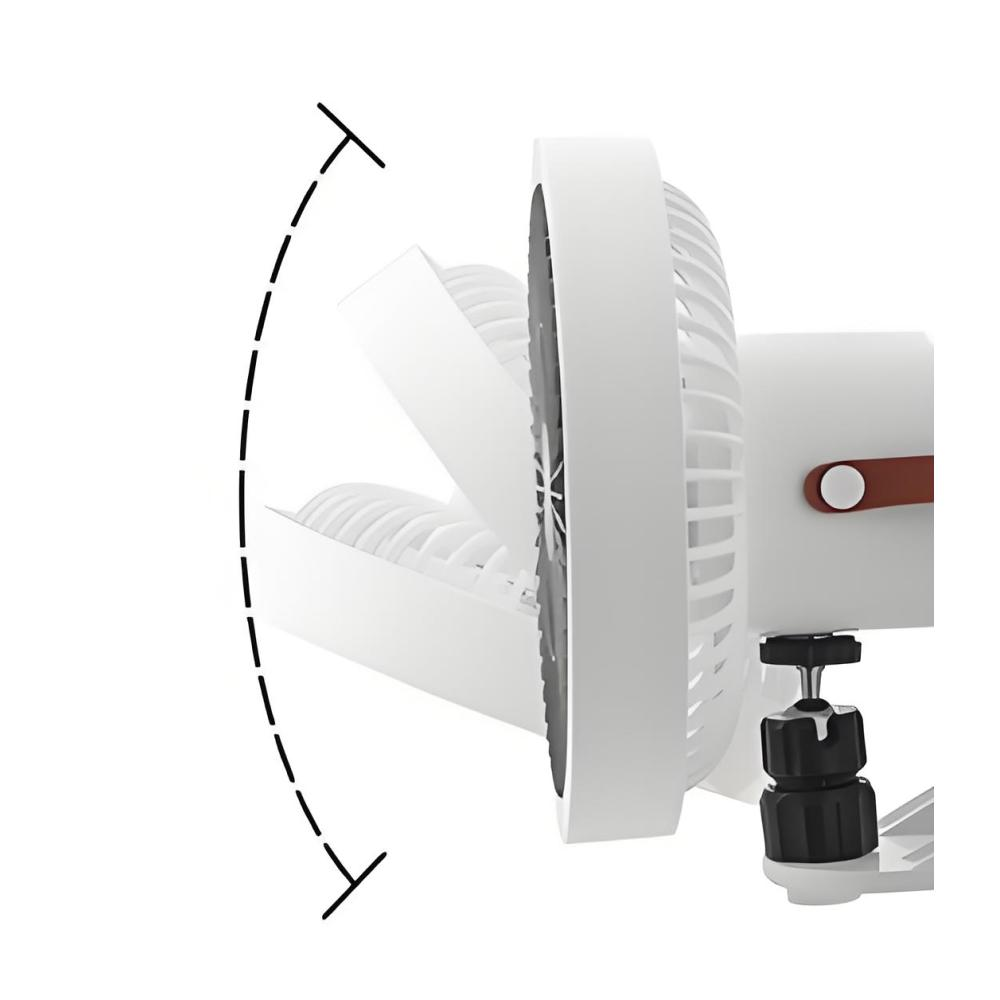 Ein weißer Ventilator mit verstellbarem Kopf und einer Halterung.