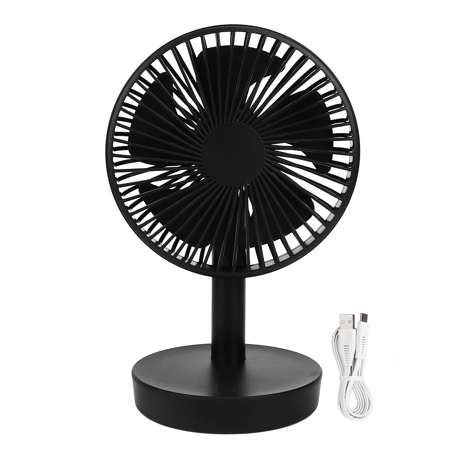 Ein schwarzer USB-Tischventilator mit weißem Ladekabel auf weißem Hintergrund.