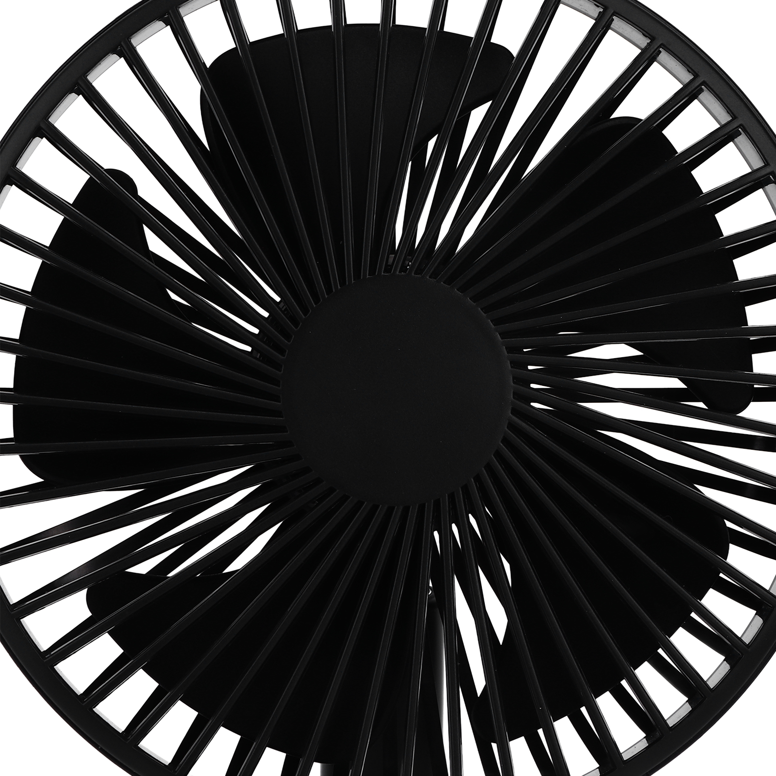 Ein schwarzer Ventilator mit dünnen, radialen Streben vor einem weißen Hintergrund.