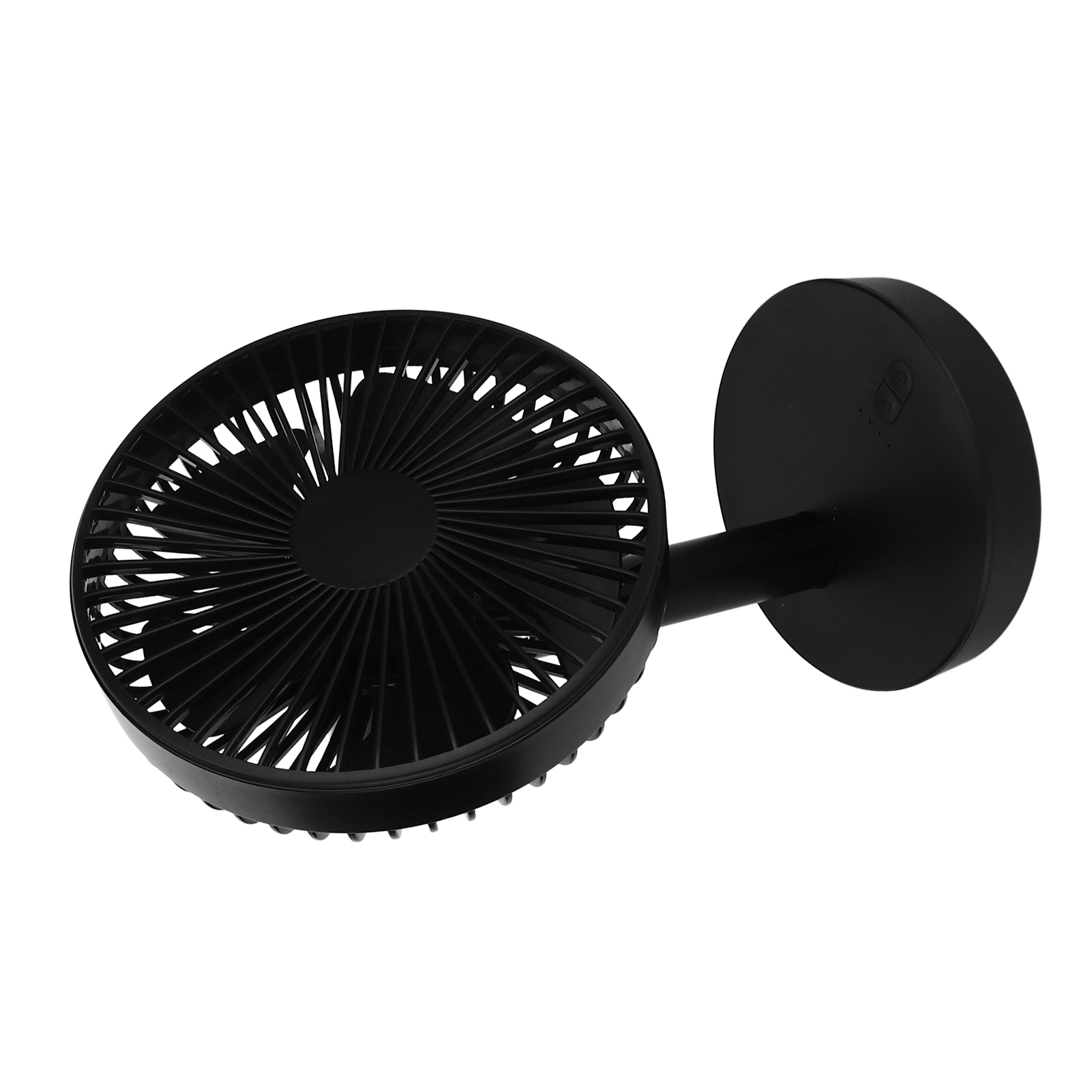 Ein schwarzer, tragbarer Ventilator mit kreisförmigem Kopf und Griff.