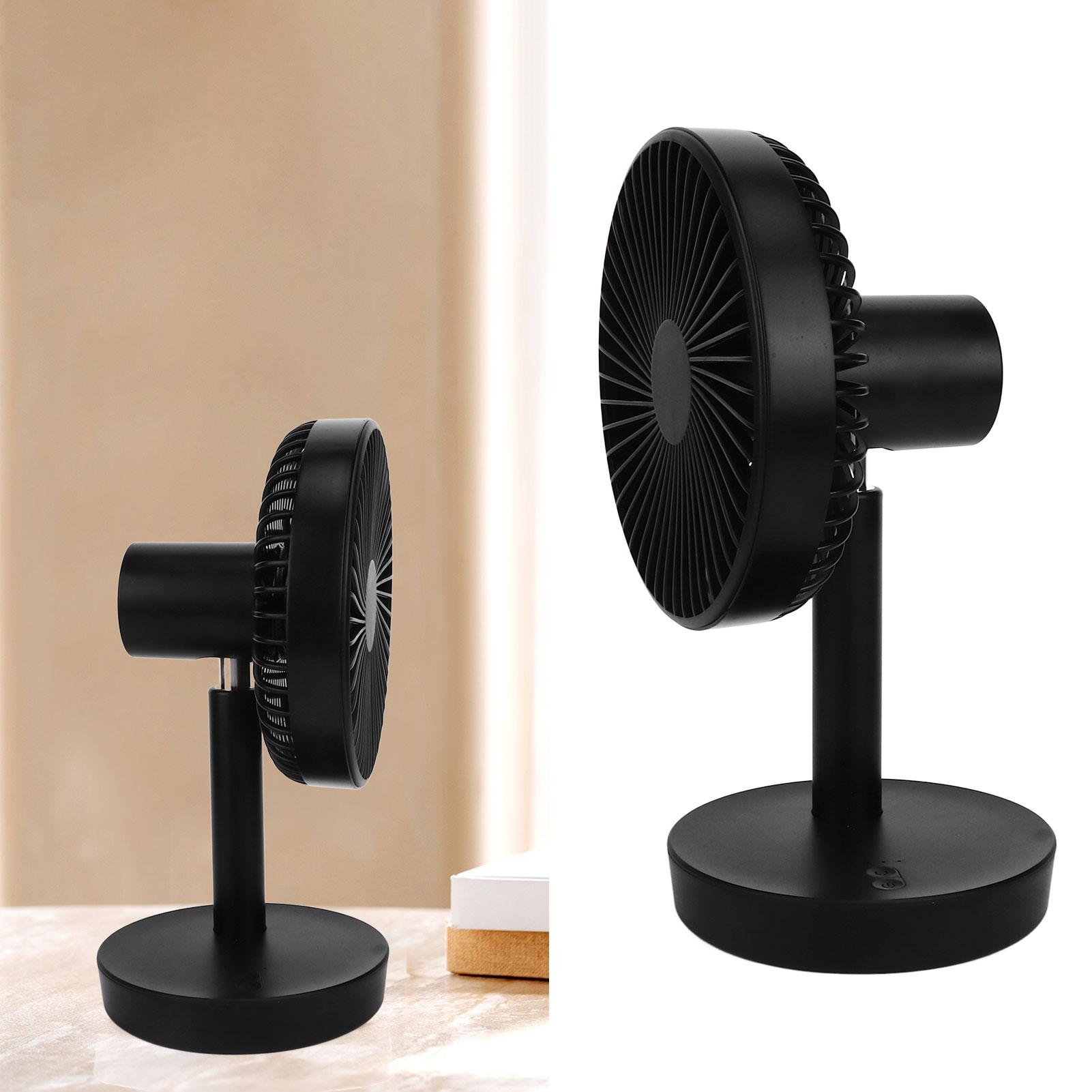 Ein schwarzer kleiner Tischventilator steht auf einem runden Sockel.