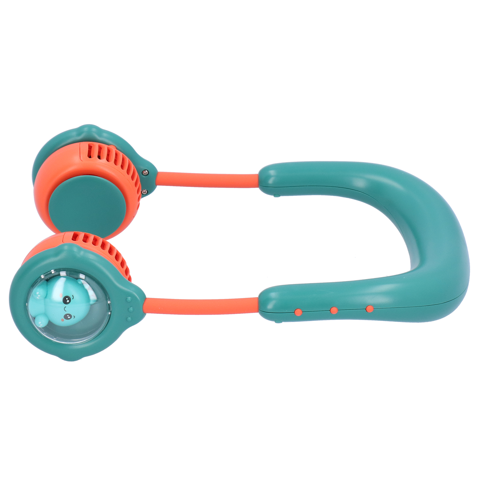 Ein tragbarer Lüfter mit zwei Lüfterköpfen, orangefarbenen Armen und einem teal H-förmigen Nackenbügel.