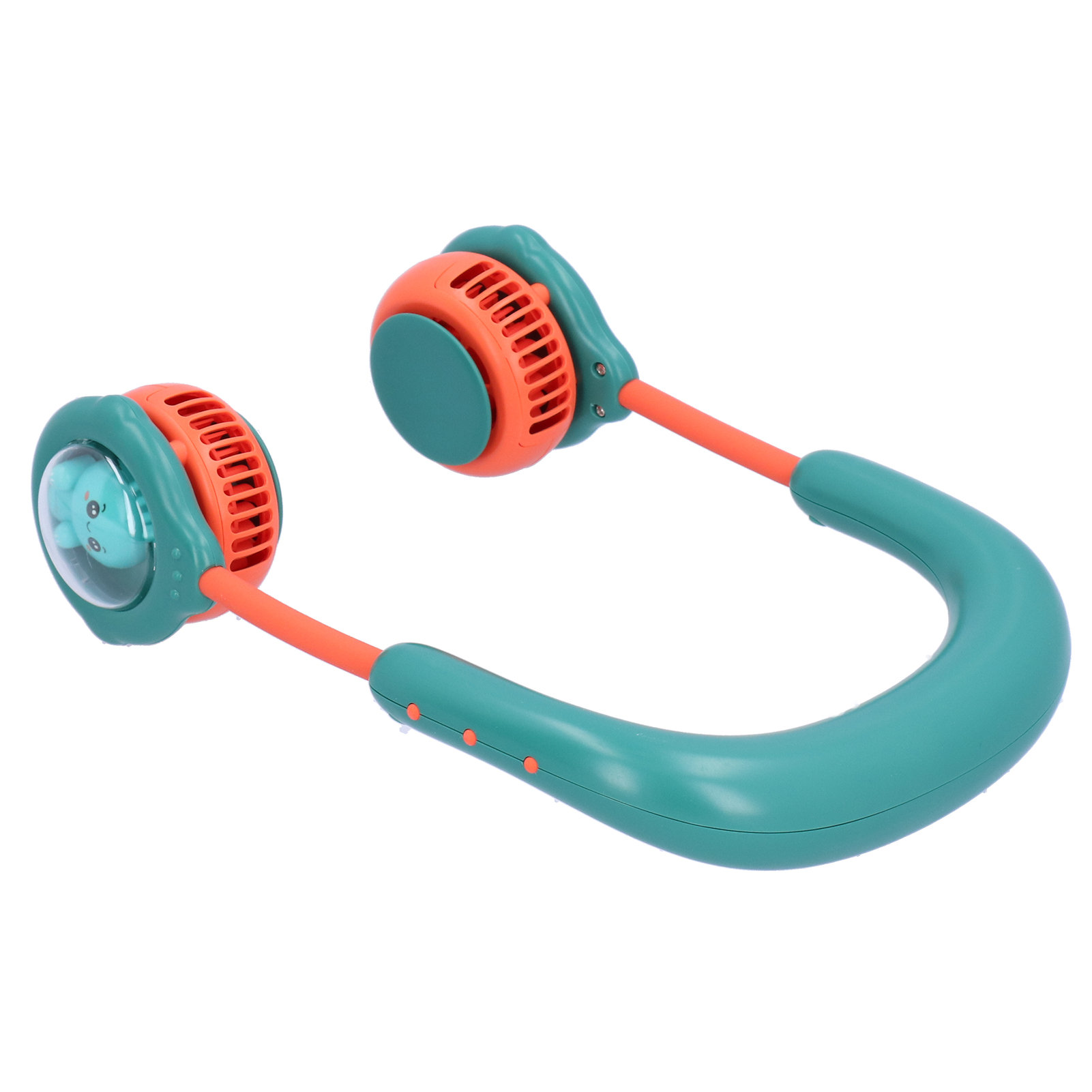 Ein tragbarer Nackenventilator in Orange und Türkis mit zwei Lüfterköpfen.
