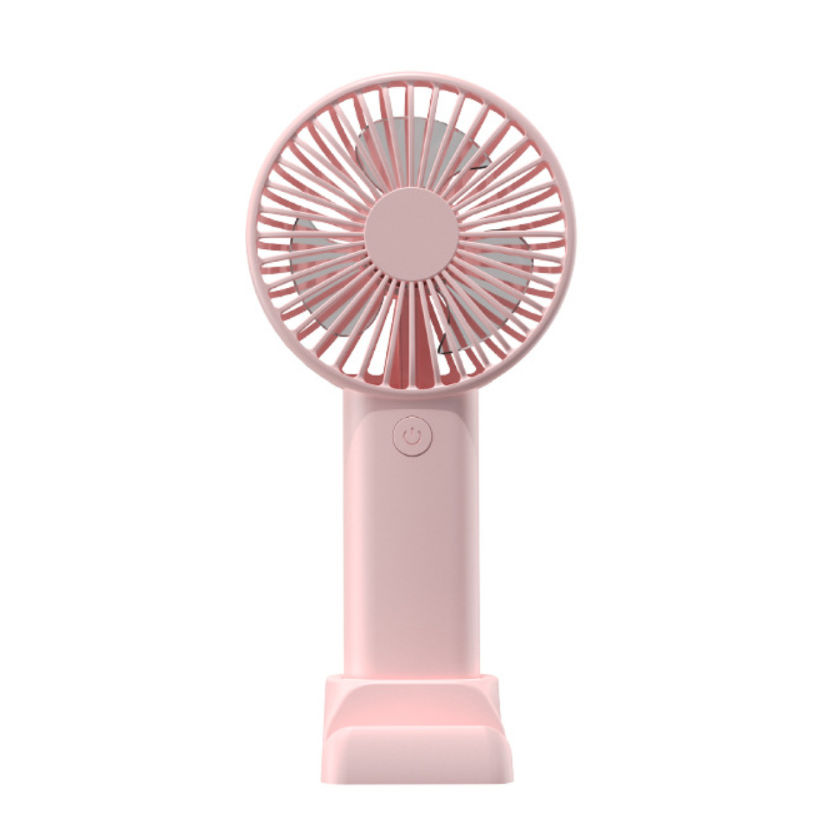 Ein kleiner, rosafarbener Ventilator mit Griff und Basis.