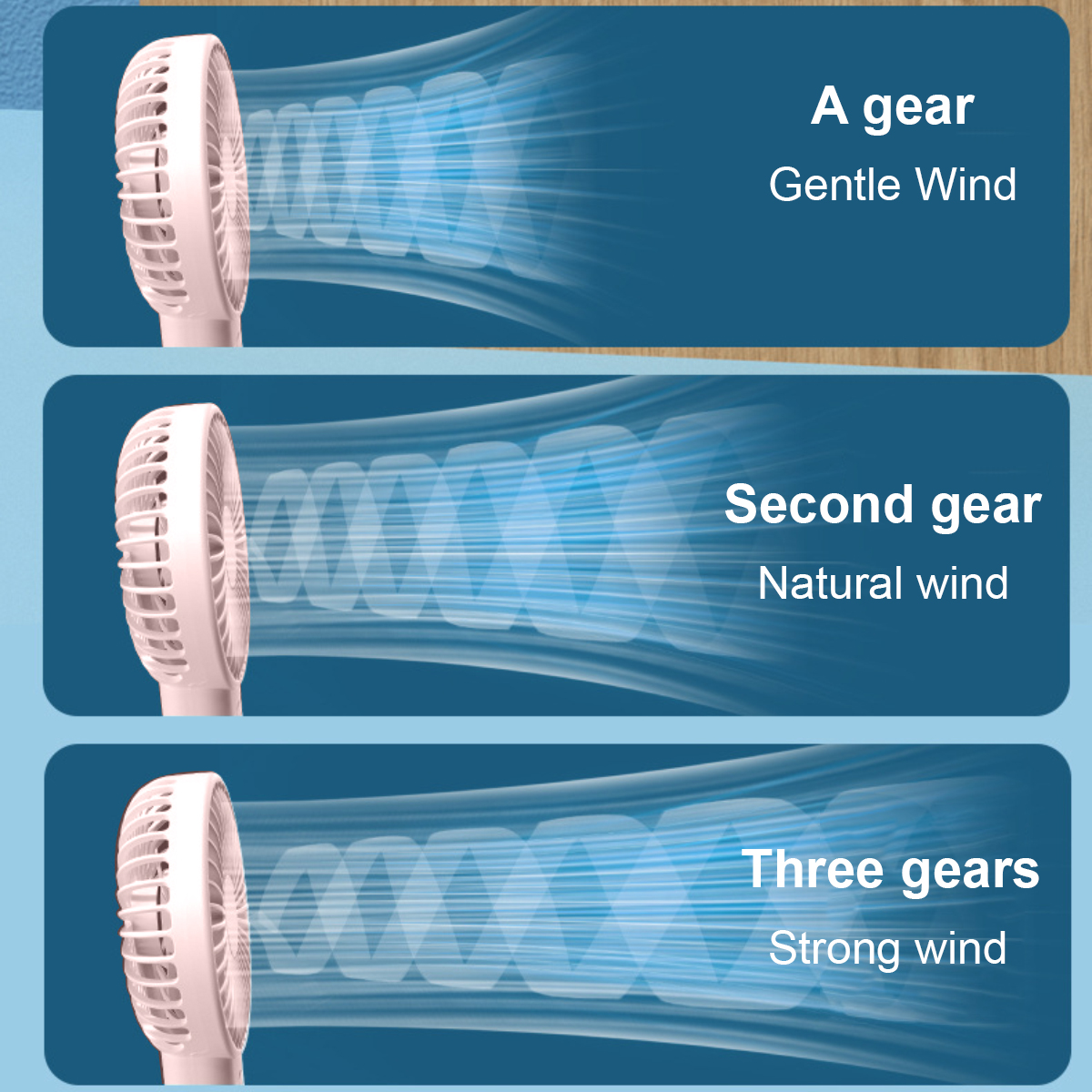 Pinker Ventilator mit drei Stufen: Sanft, Natürlich und Stark.