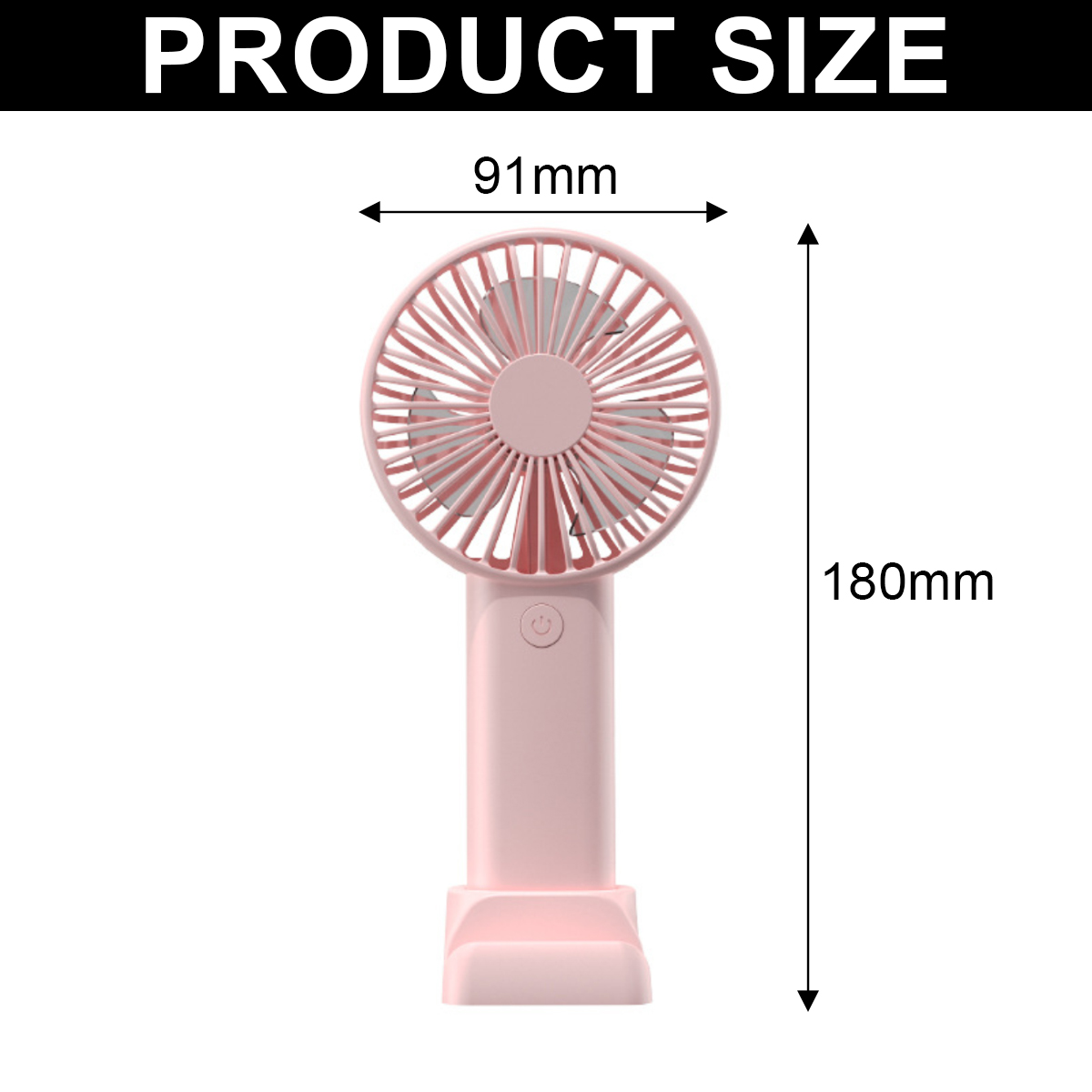 Ein rosa Handventilator mit 91mm Breite und 180mm Höhe.