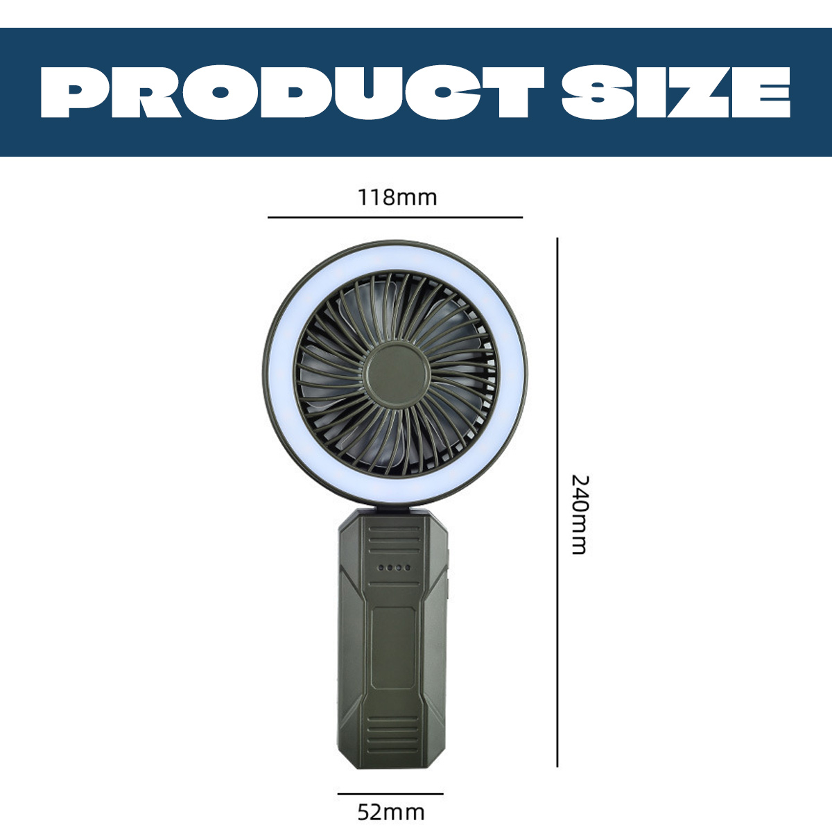 Tragbarer Lüfter mit Ringlicht. Maße: 118mm breit, 240mm hoch, 52mm tief.