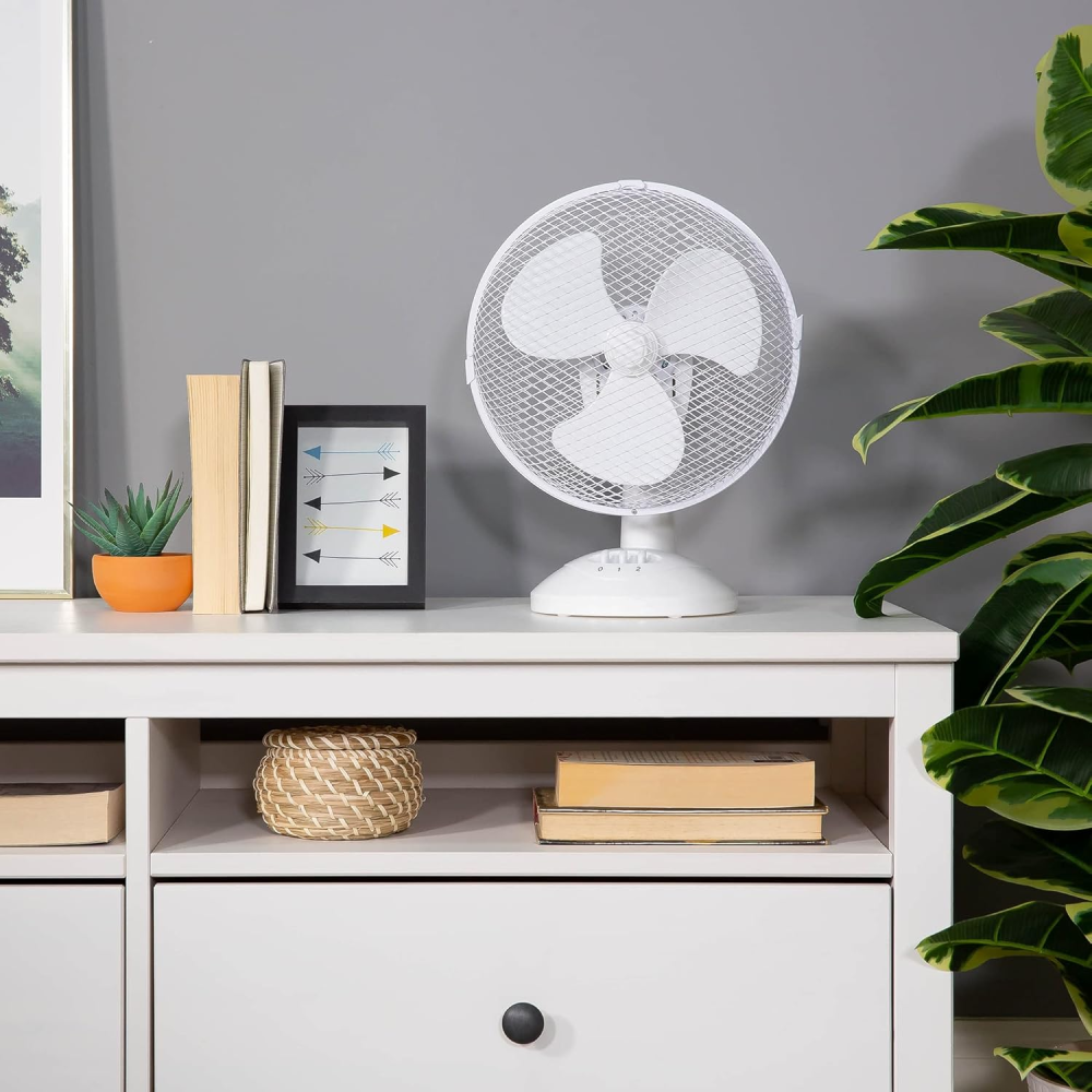 Weißer Schreibtischventilator auf einem weißen Regal mit Büchern, Pflanze und gerahmter Kunst.