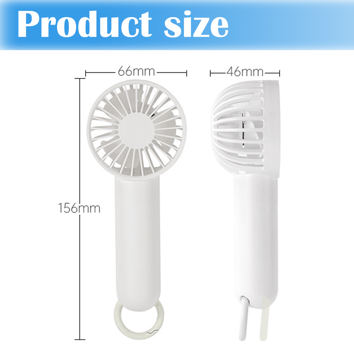 Weiße Handventilator-Abmessungen: 156mm hoch, 66mm breit, 46mm tief.