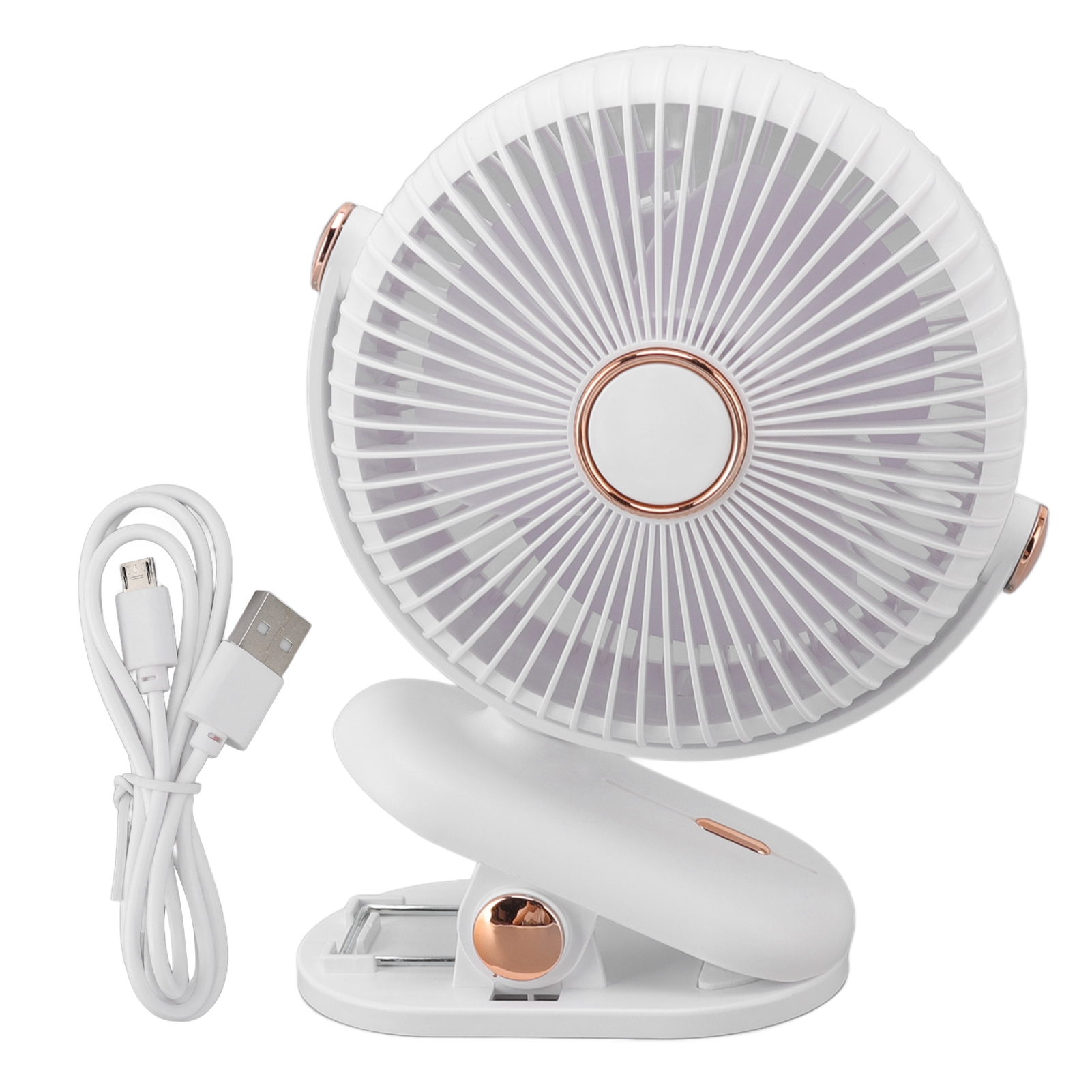 Ein weißer Clip-Ventilator mit USB-Kabel und Kupferdetails.