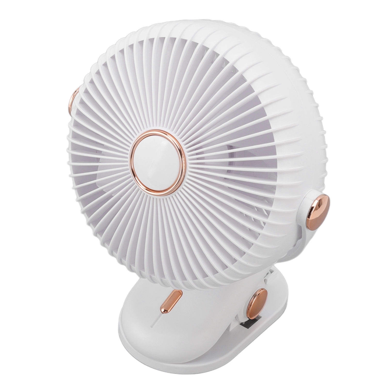 Ein weißer Ventilator mit kupferfarbenen Akzenten steht auf einem weißen Hintergrund.