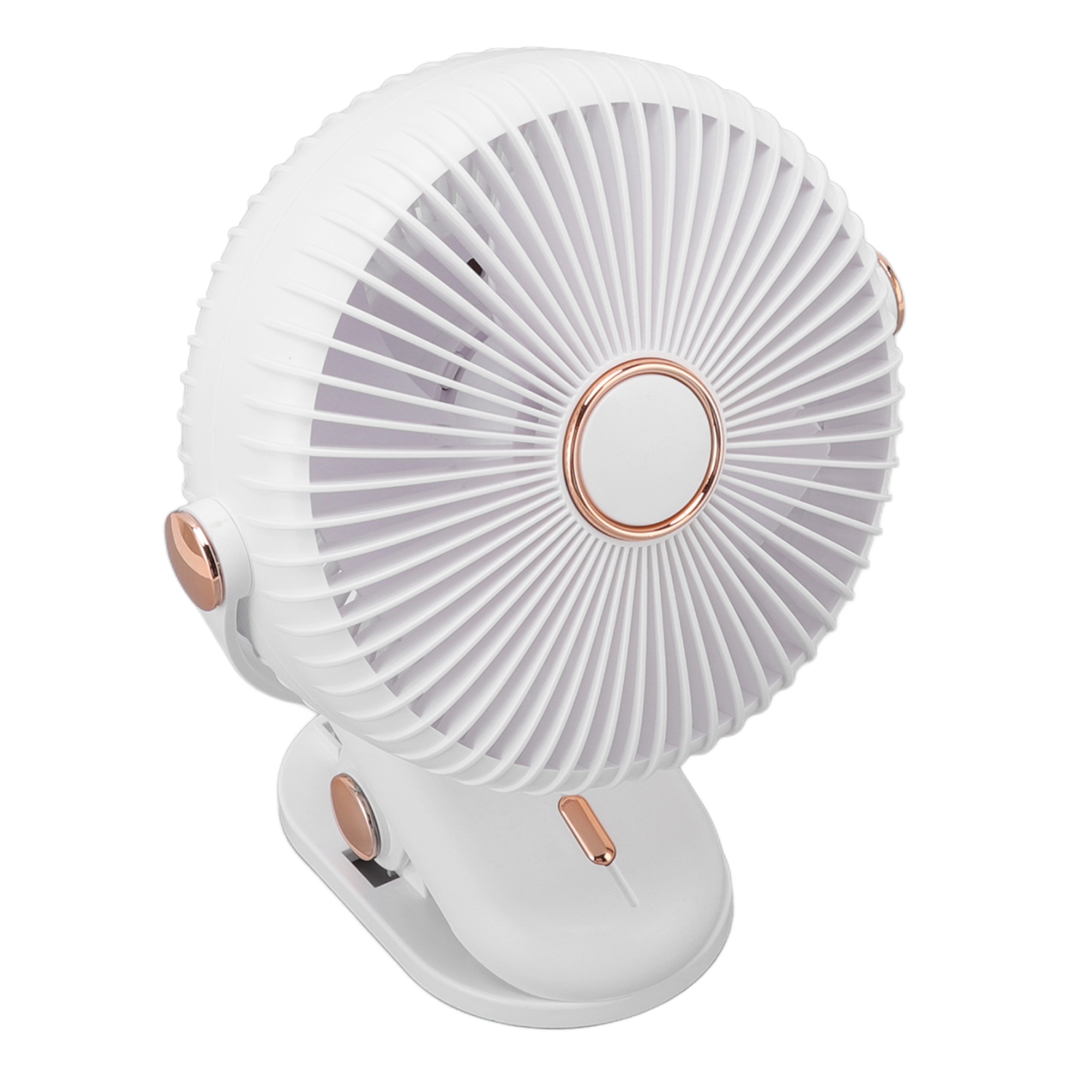 Ein weißer Clip-Ventilator mit kupferfarbenen Akzenten, der auf einem weißen Hintergrund steht.
