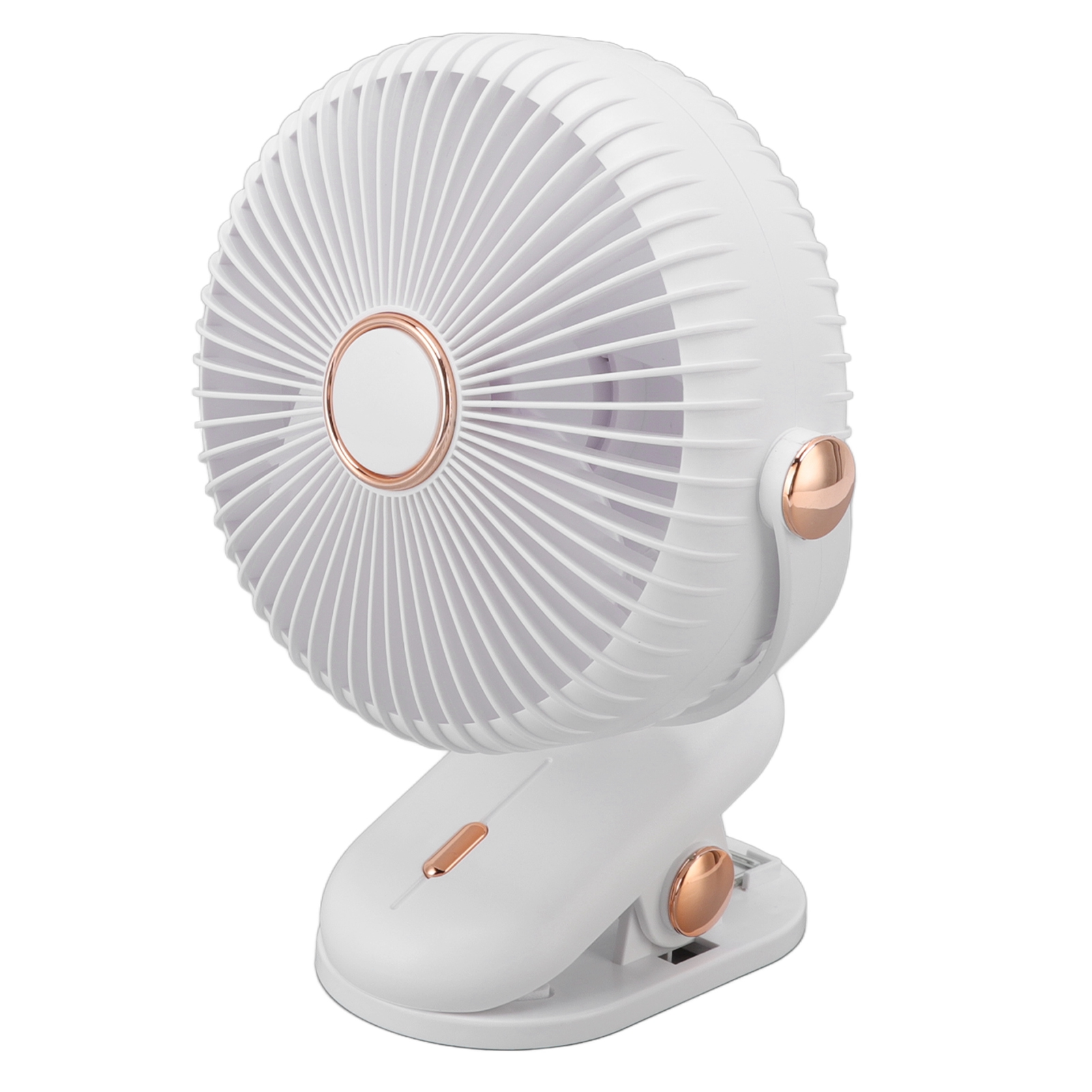 Ein weißer Clip-Ventilator mit kupferfarbenen Akzenten steht auf einem weißen Hintergrund.