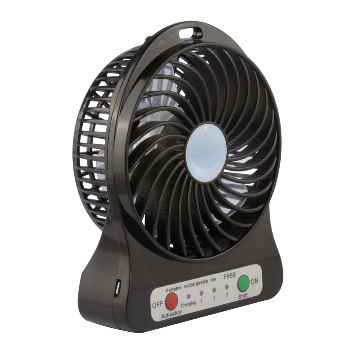 Ein schwarzer tragbarer Ventilator mit roten und grünen Knöpfen, USB-Anschluss.