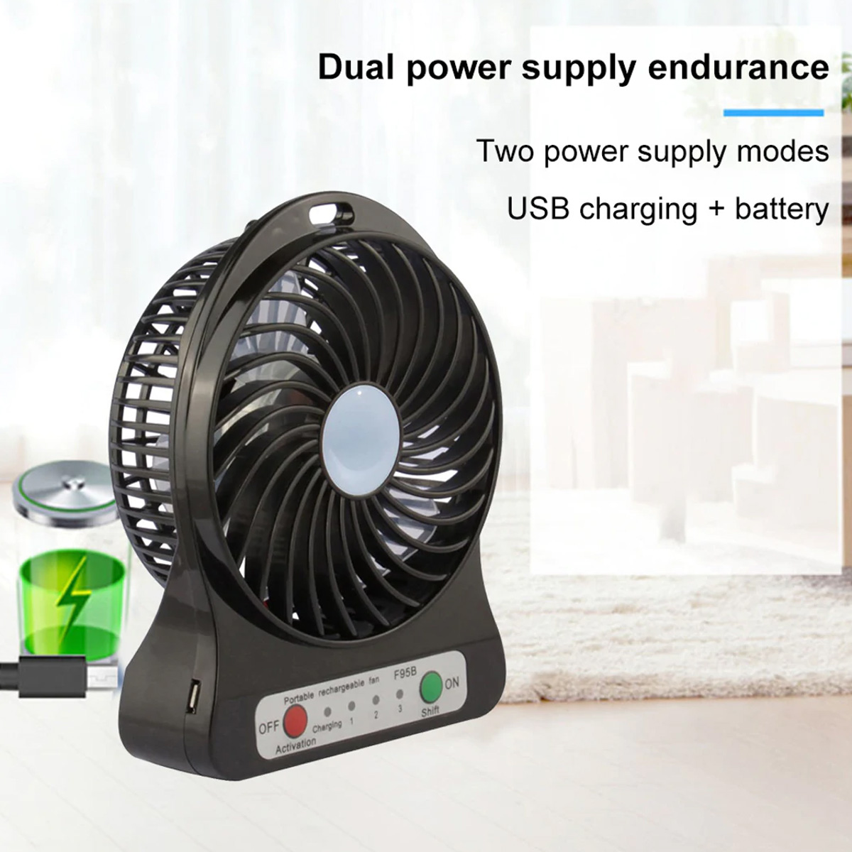 Ein schwarzer tragbarer Ventilator mit USB-Ladeanzeige und Akku-Symbol.