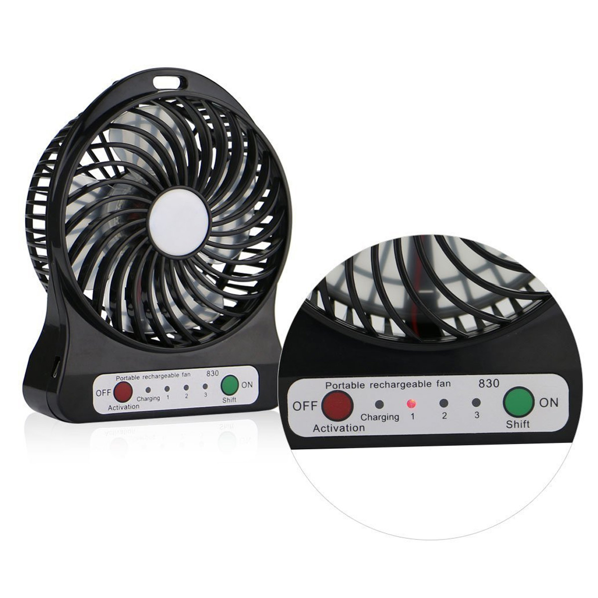 Ein schwarzer, tragbarer Ventilator mit Bedienelementen und Ladeanzeigen.