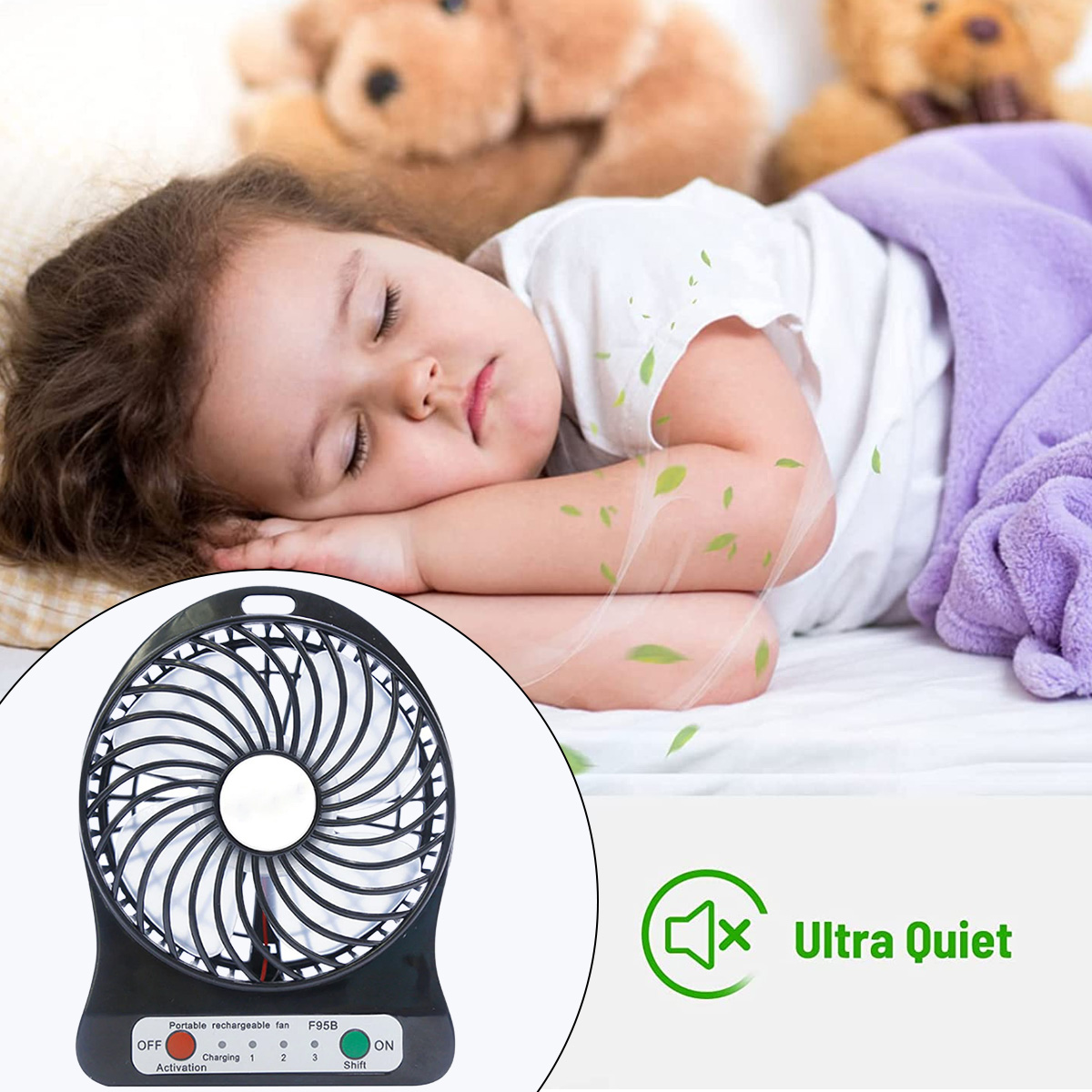 Ein kleines Kind schläft, daneben ein Ventilator und ein Teddybär. "Ultra Quiet".