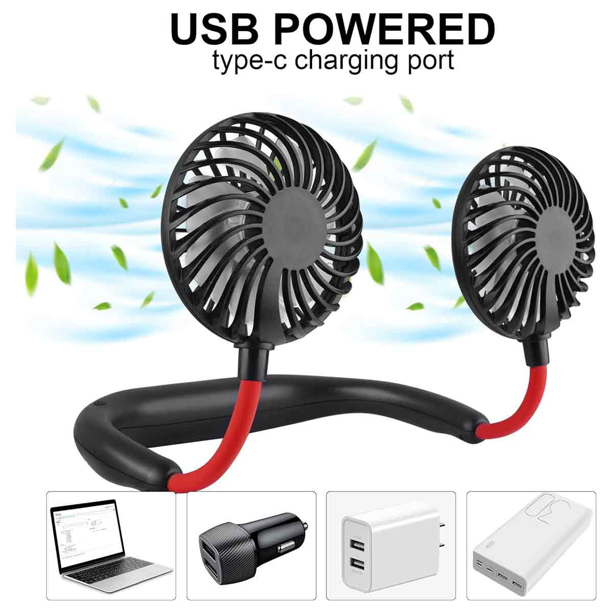 Ein Nackenfächer mit zwei Lüftern, USB-C-Anschluss und Zubehör wie Laptop, Autoladegerät.