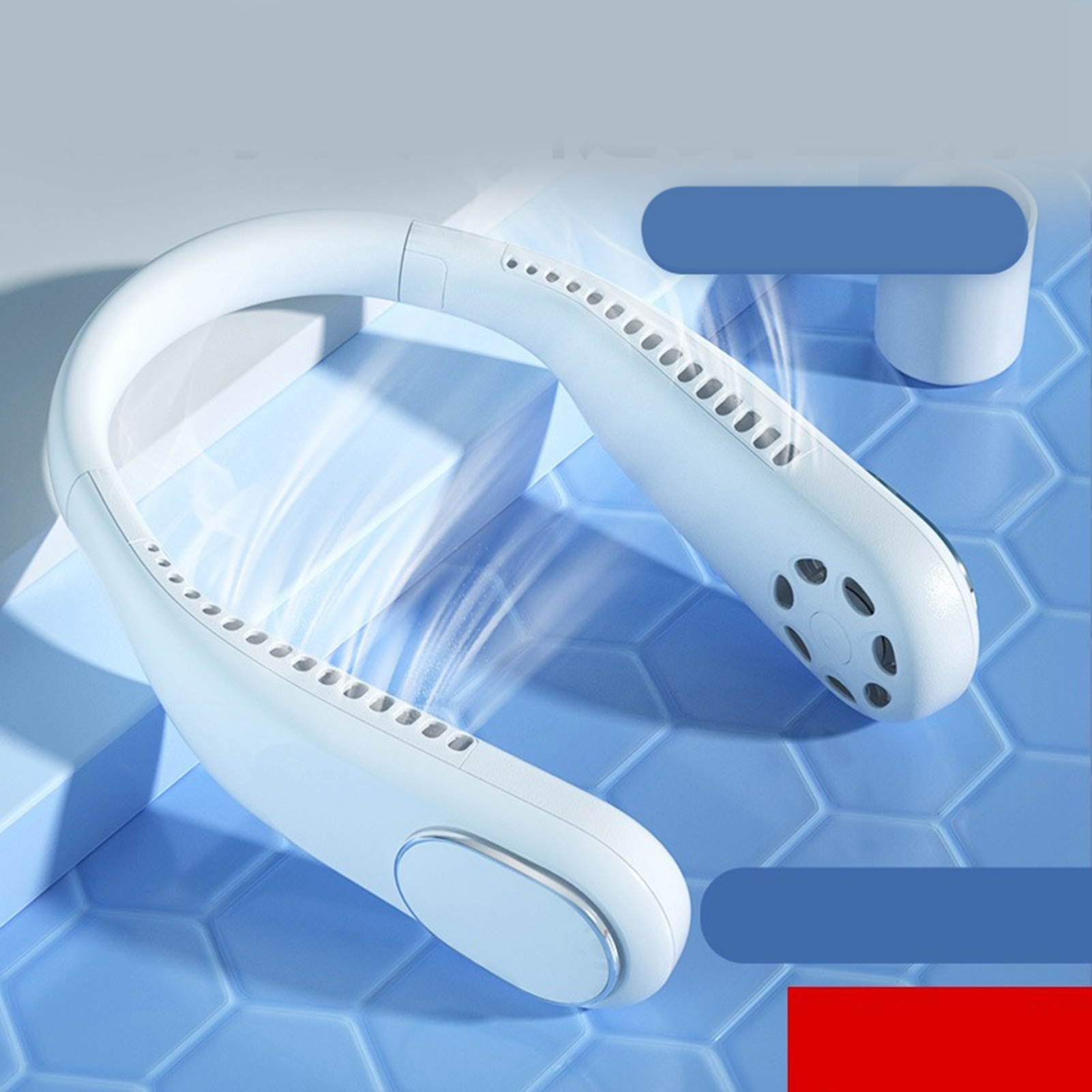 Ein weißer Nackenventilator mit Lüftungsschlitzen auf einem blauen sechseckigen Hintergrund.
