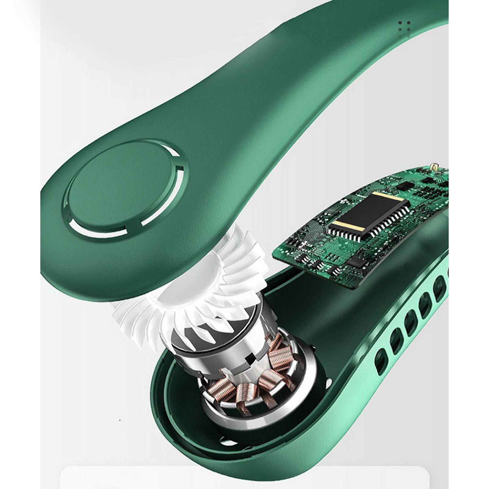 Grünes Nackenventilator-Innenleben mit Lüfter, Motor und Platine.