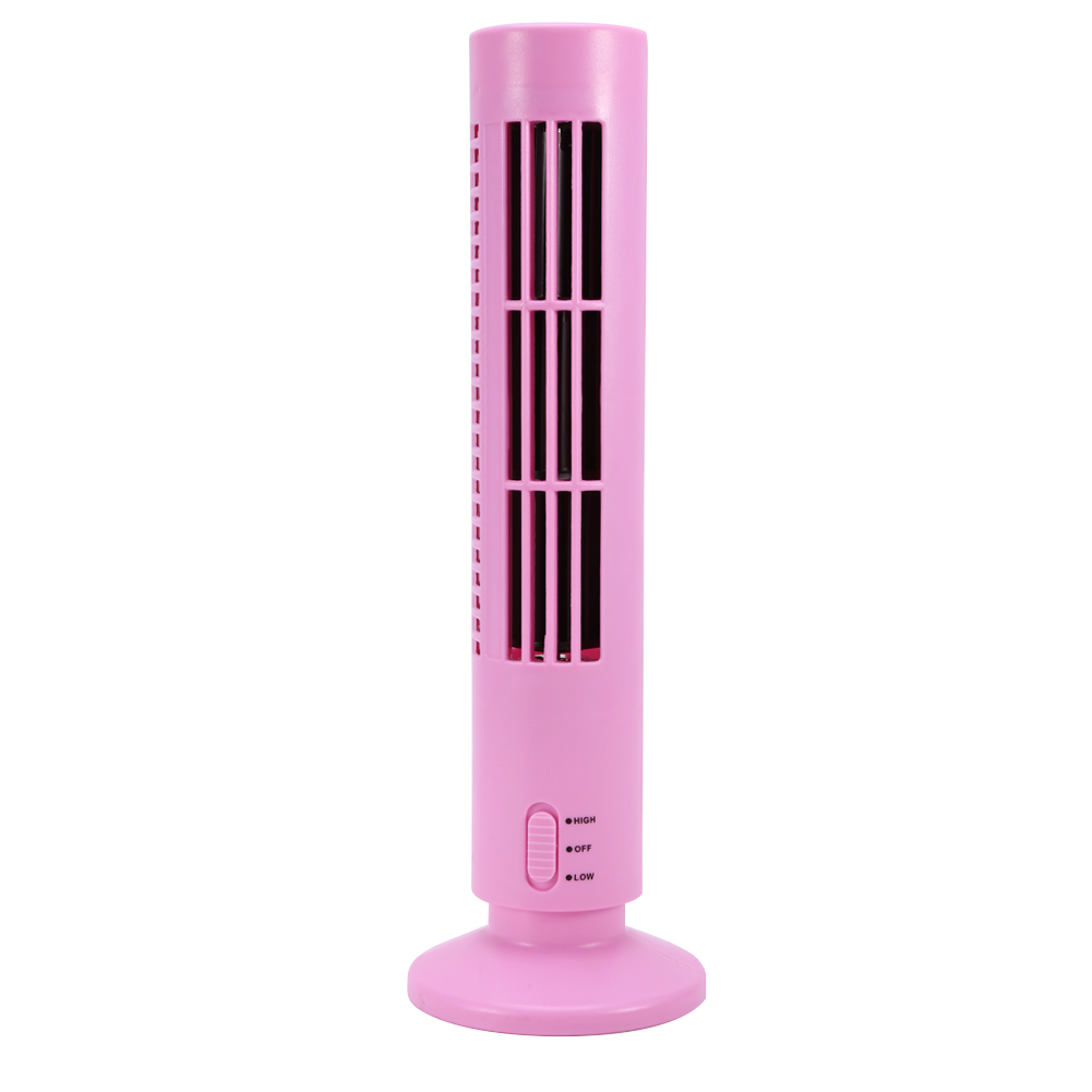 Ein kleiner, rosa Turmventilator mit Lüftungsschlitzen und Bedienelementen.