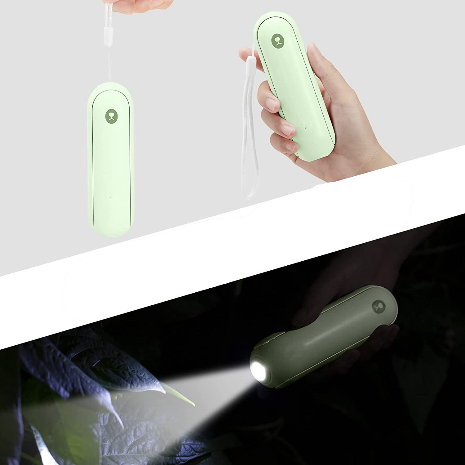 Eine grüne Taschenlampe mit Handschlaufe in einer Hand, leuchtet im Dunkeln.