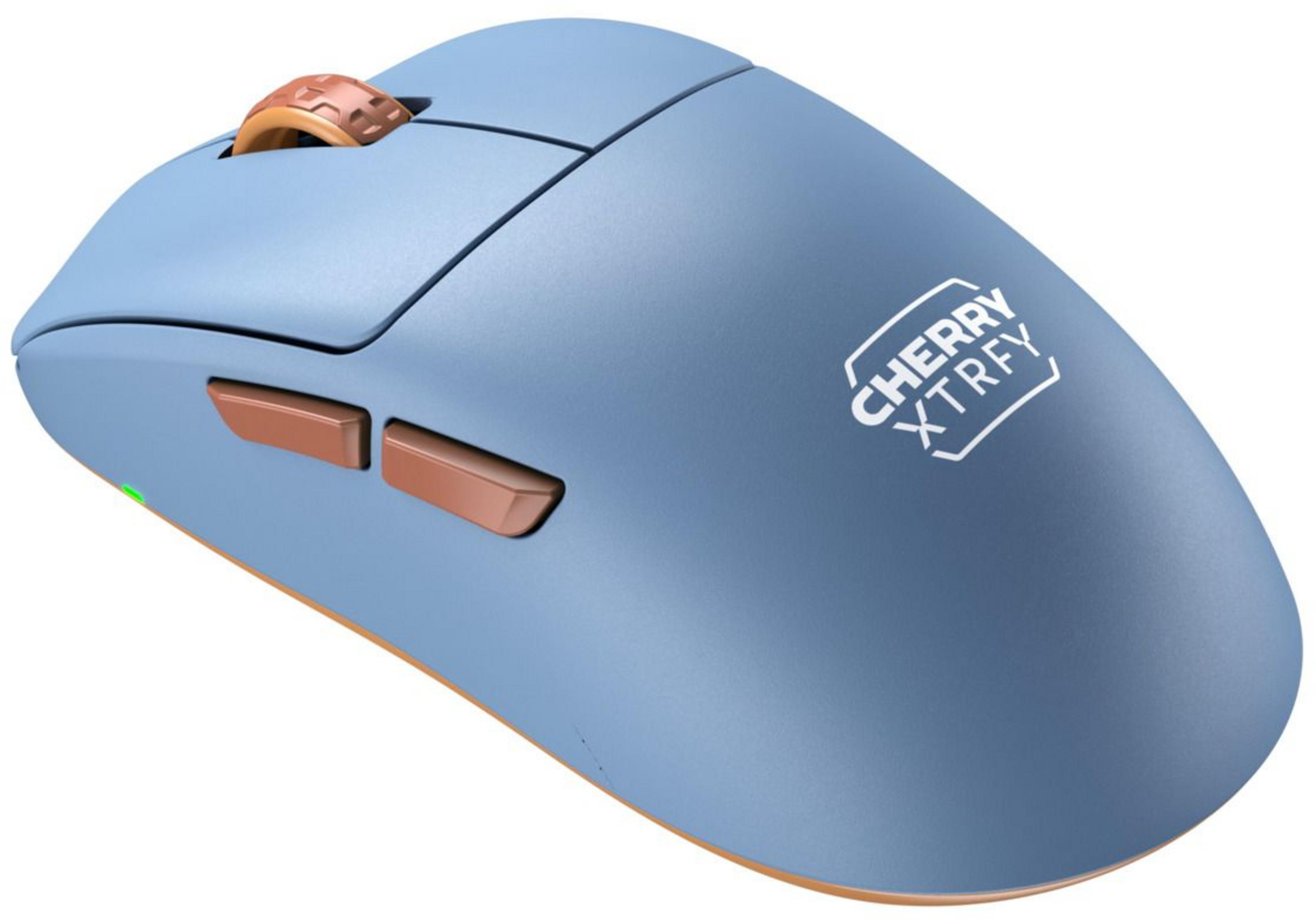 Niebieska mysz komputerowa z miedzianymi akcentami i logo Cherry Xtrfy.