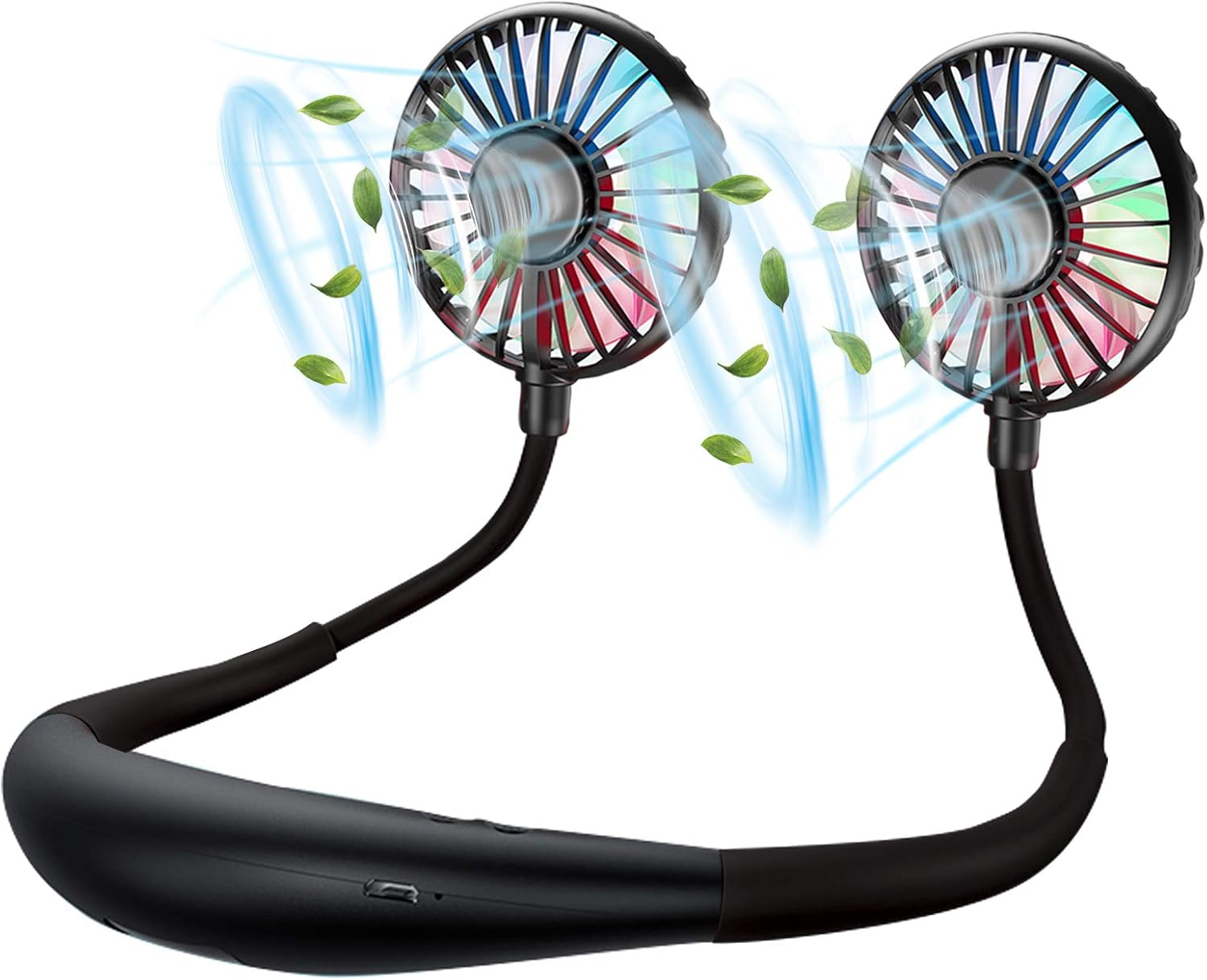 Ein tragbarer Nackenventilator mit zwei Lüftern, der Luft und Blätter bläst.