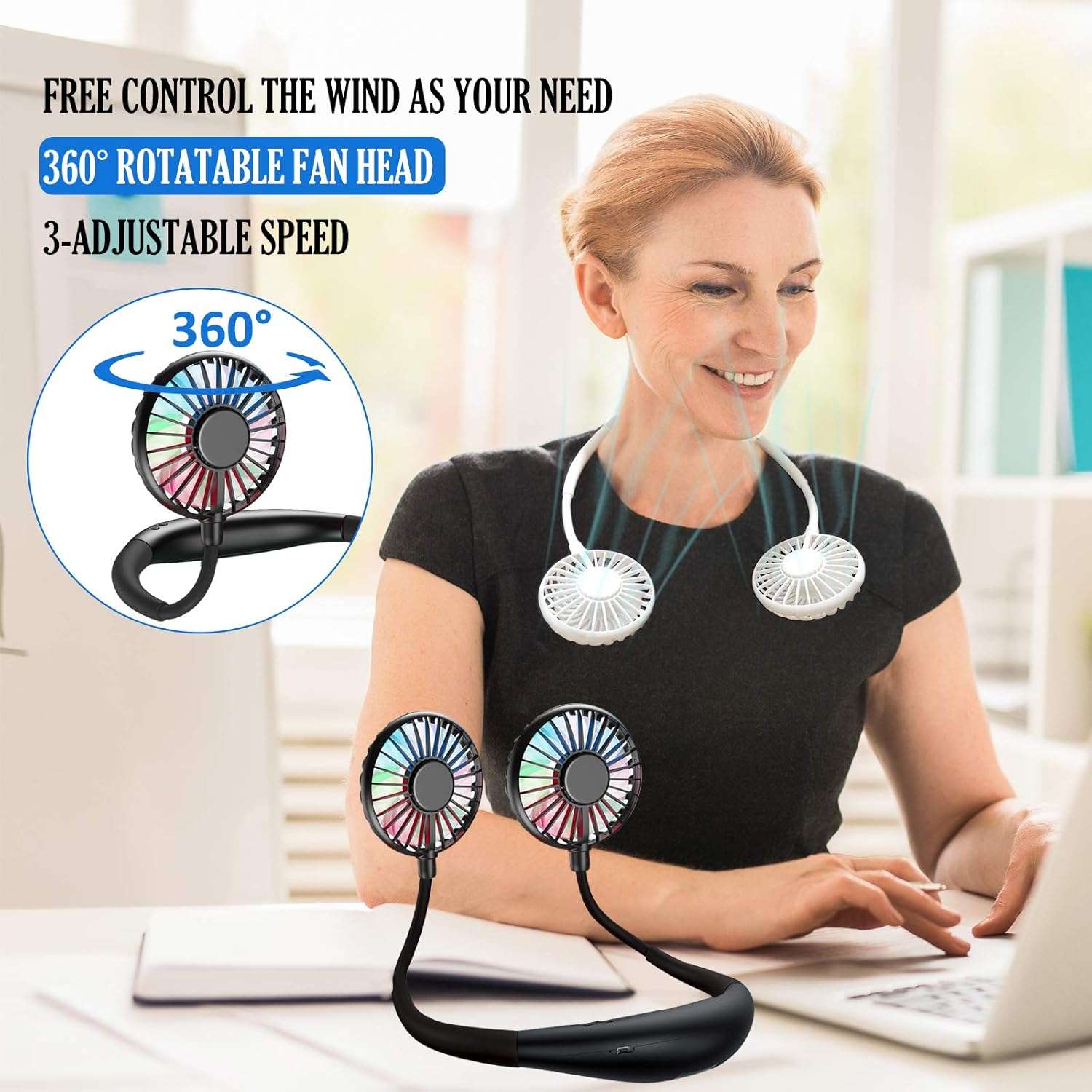 Frau mit Halsventilator, der sich auf einen Laptop konzentriert. 2 Lüfterköpfe.